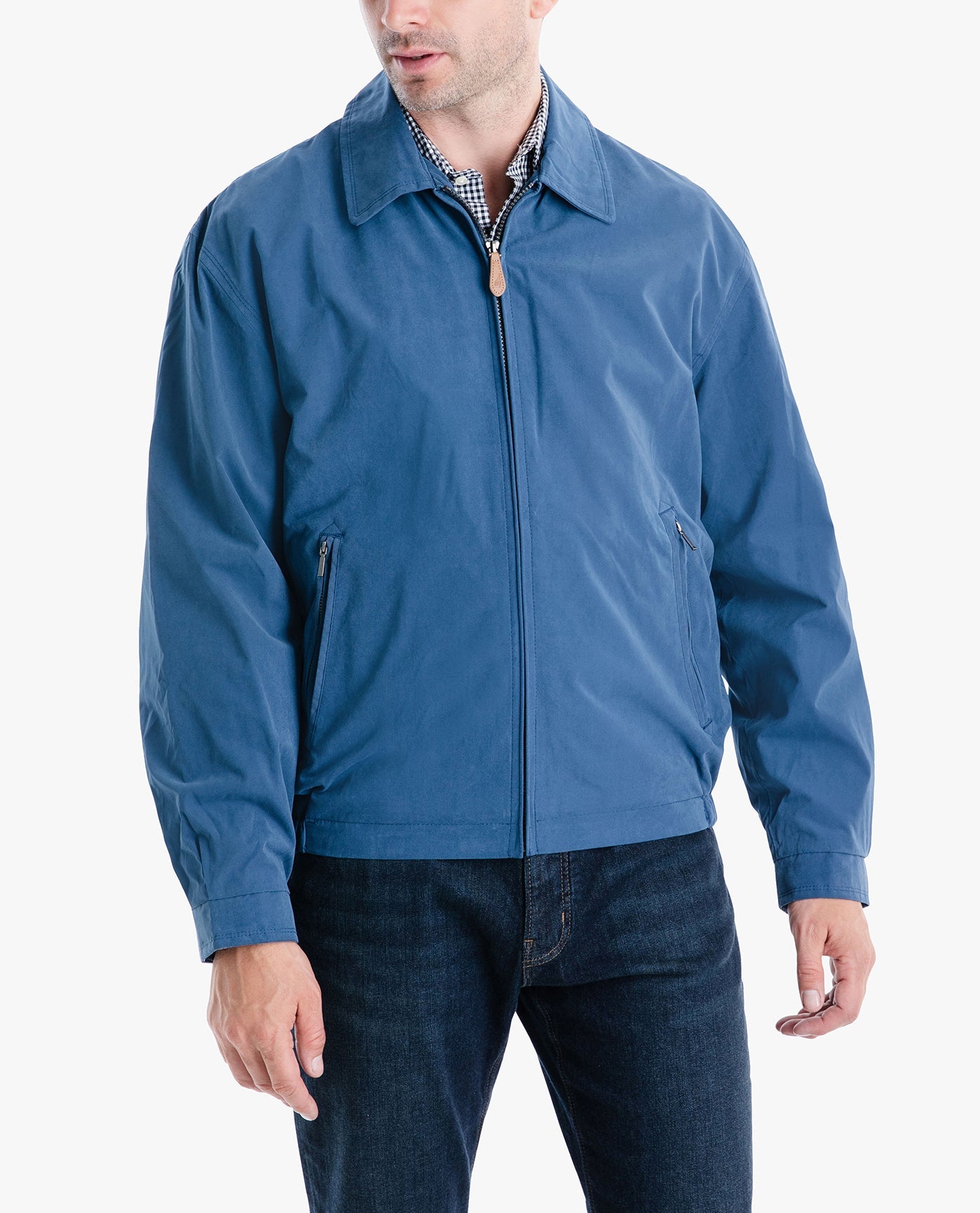 SIDE VIEW OF LIGHT WEIGHT ZIP FRONT GOLF JACKET | PACIFIC BLUE