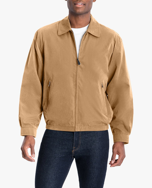 FRONT VIEW OF EXTENDED LIGHT WEIGHT ZIP FRONT GOLF JACKET | CAMEL