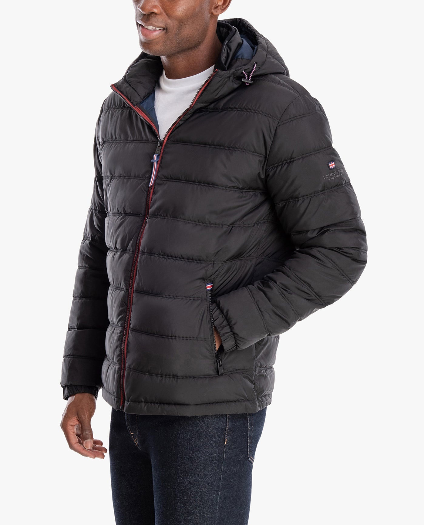 SIDE VIEW OF PLAINFIELD HOODED PUFFER JACKET | BLACK