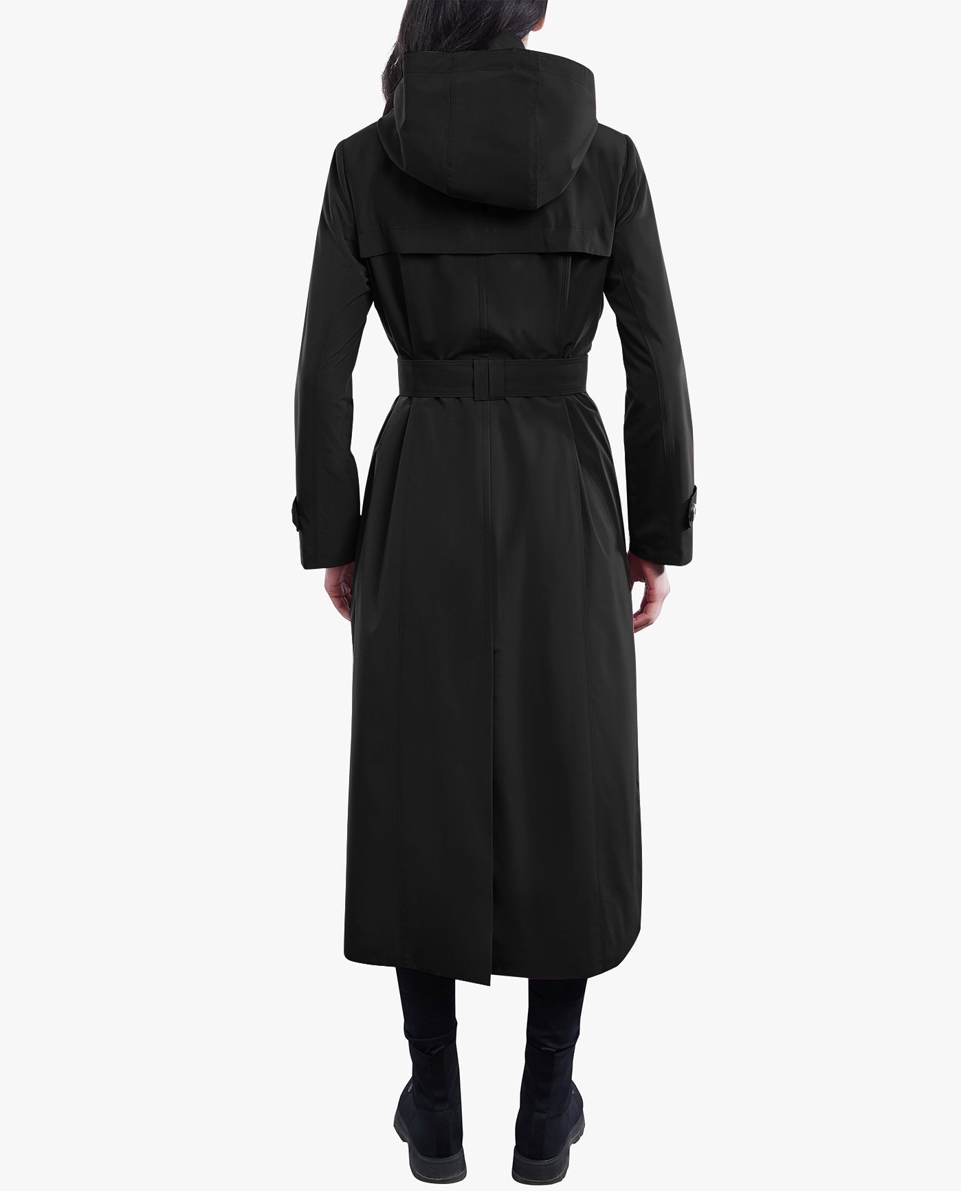 BACK OF DOUBLE BREASTED BUTTON FRONT HOODED TRENCH WITH BELT | BLACK