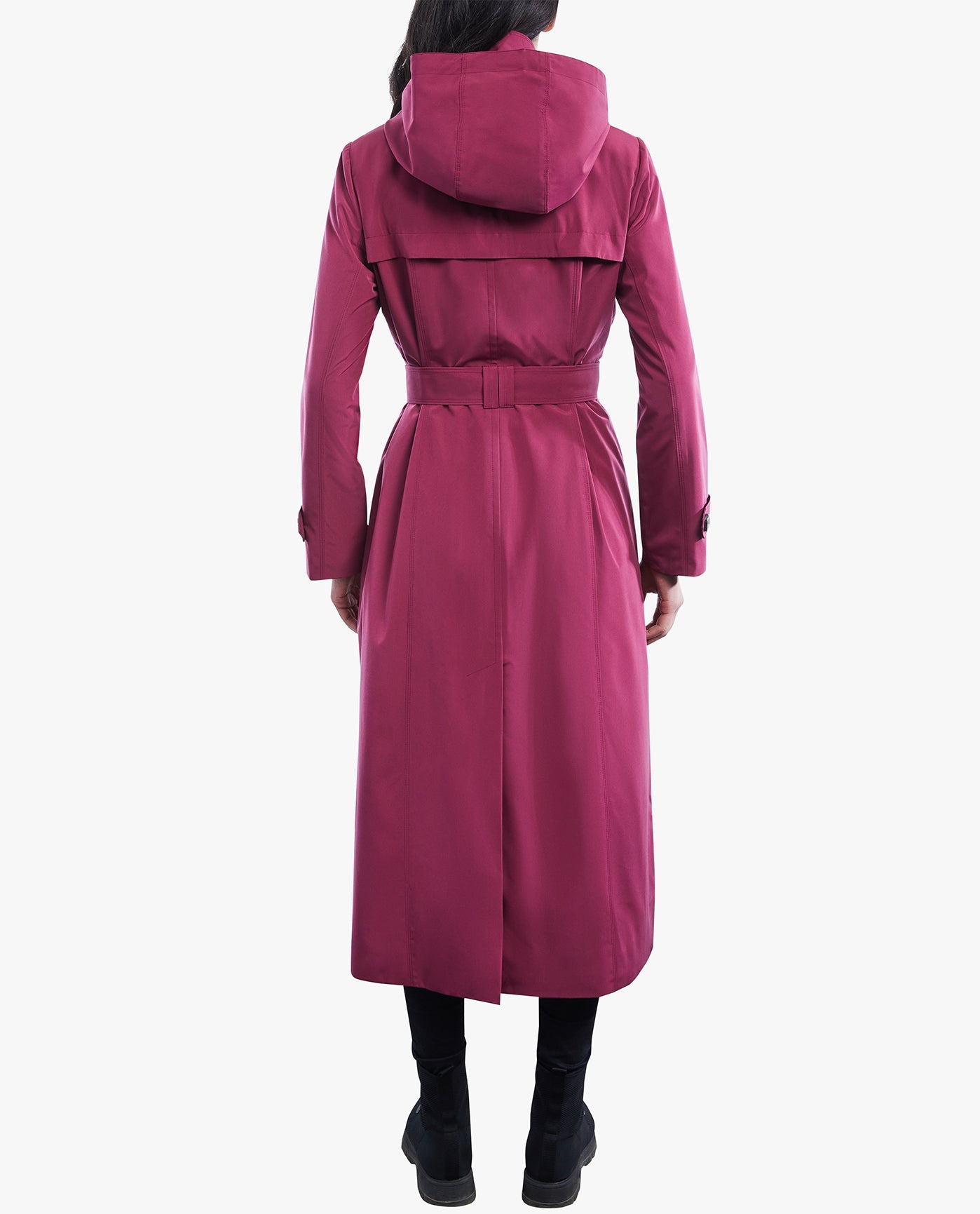 BACK OF SINGLE BREASTED BUTTON FRONT HOODED MAXI TRENCH WITH BELT | RHUBARB