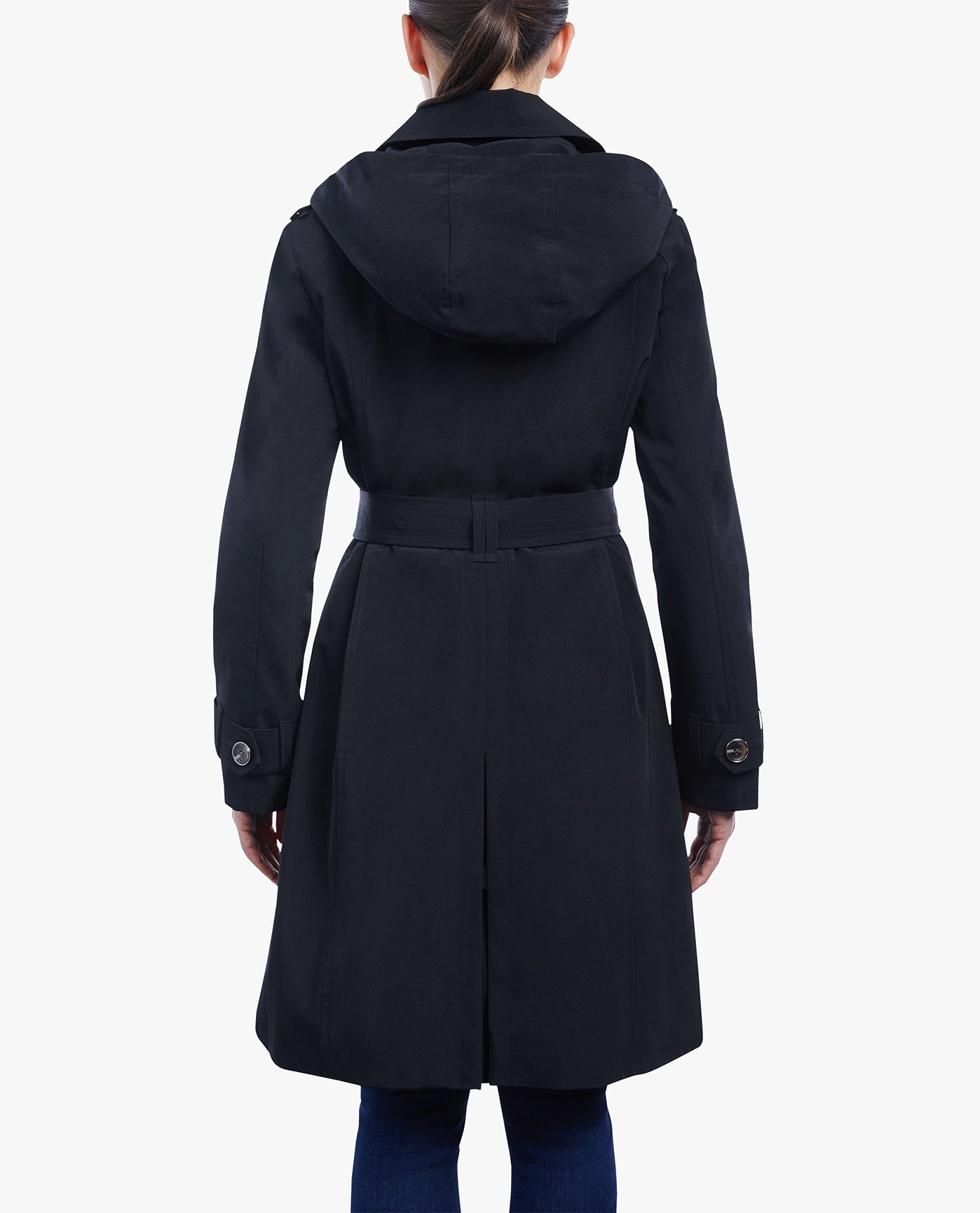 BACK OF DOUBLE BREASTED BUTTON FRONT TRENCH WITH BELT | BLACK