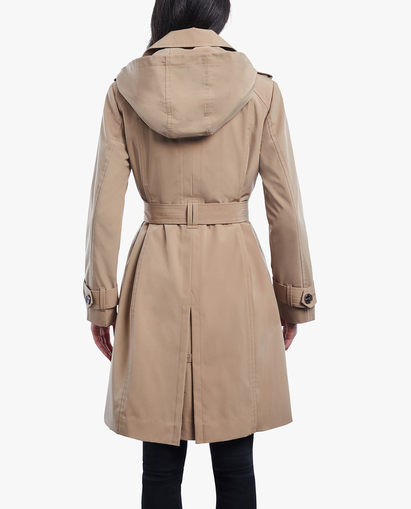BACK OF DOUBLE BREASTED BUTTON FRONT TRENCH WITH BELT | MACAROON