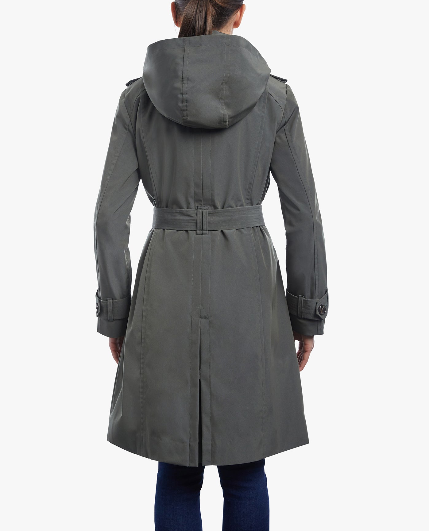 BACK OF DOUBLE BREASTED BUTTON FRONT TRENCH WITH BELT | MOSS