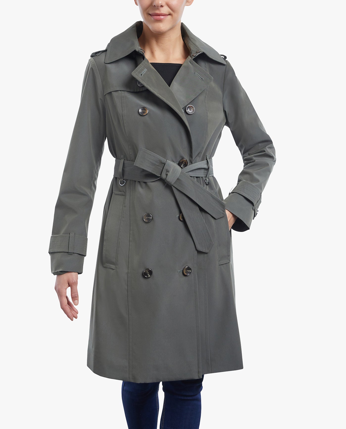 BACK OF DOUBLE BREASTED BUTTON FRONT TRENCH WITH BELT | MOSS