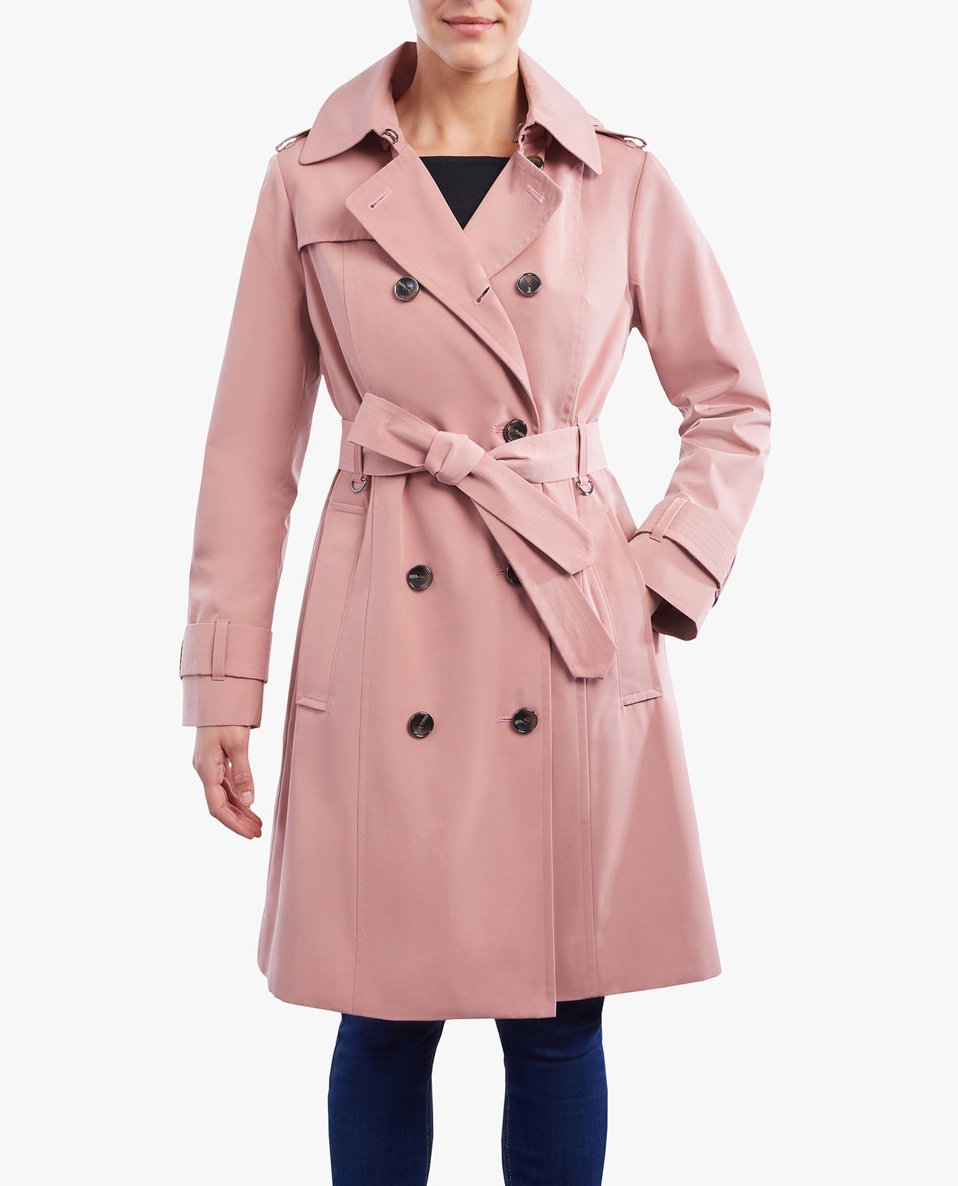 BACK OF DOUBLE BREASTED BUTTON FRONT TRENCH WITH BELT | TEAROSE