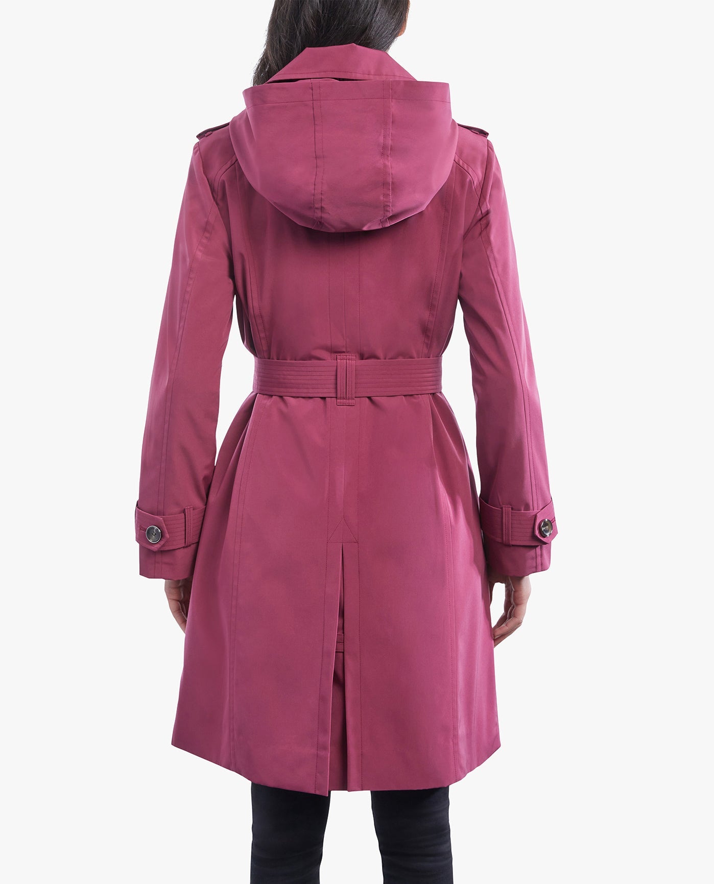 BACK OF DOUBLE BREASTED BUTTON FRONT TRENCH WITH BELT | RHUBARB