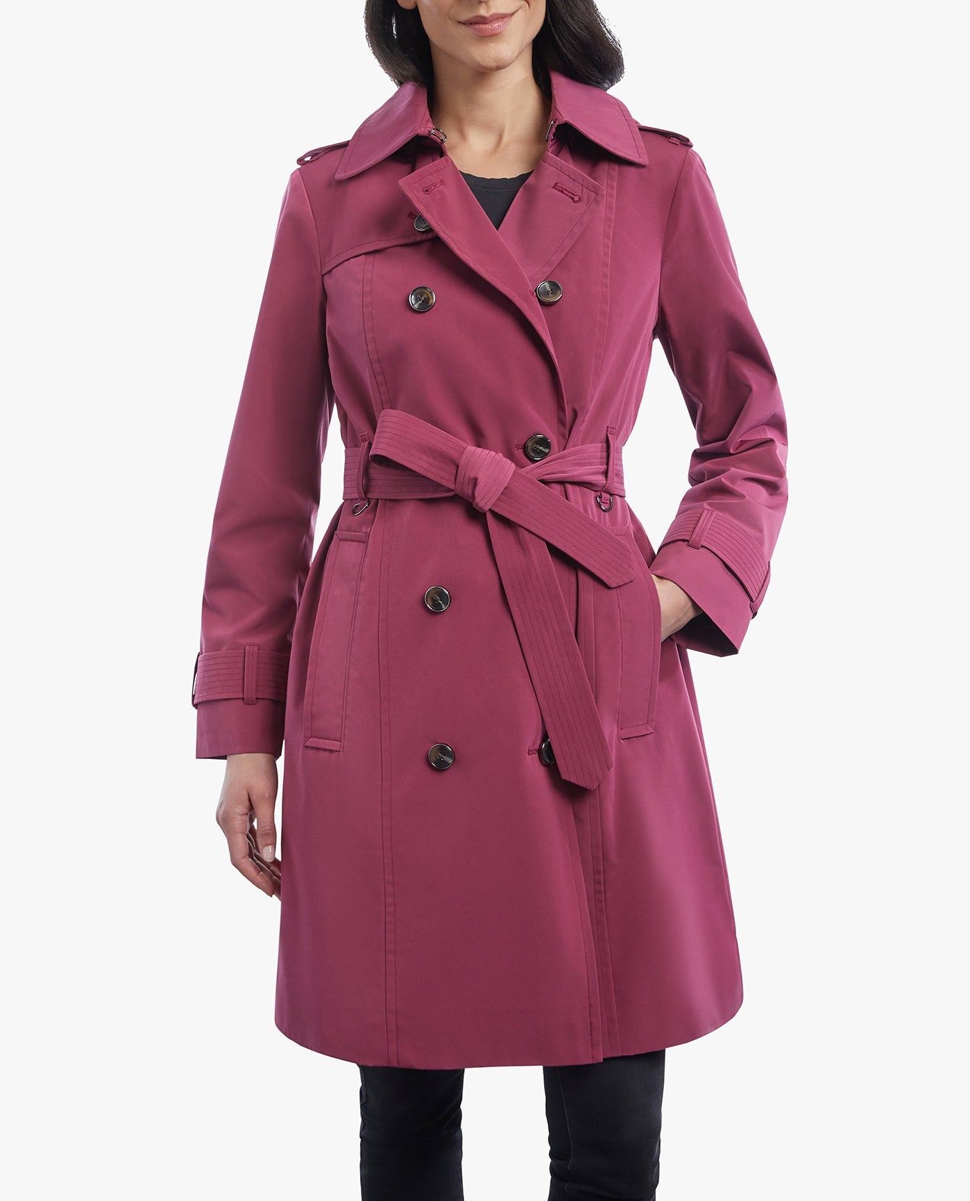 BACK OF DOUBLE BREASTED BUTTON FRONT TRENCH WITH BELT | RHUBARB