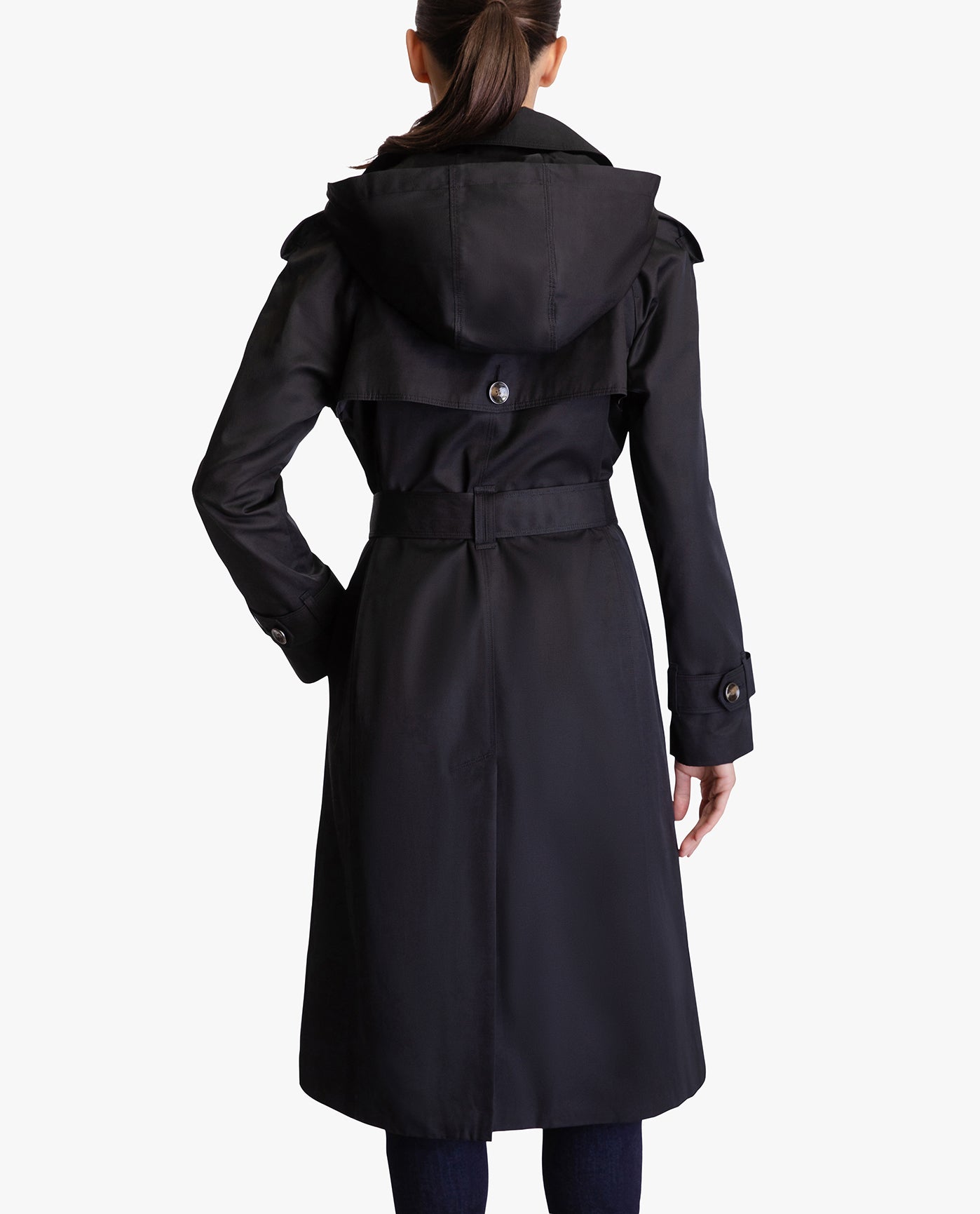 BACK OF DOUBLE BREASTED BUTTON FRONT HOODED TRENCH WITH BELT | BLACK