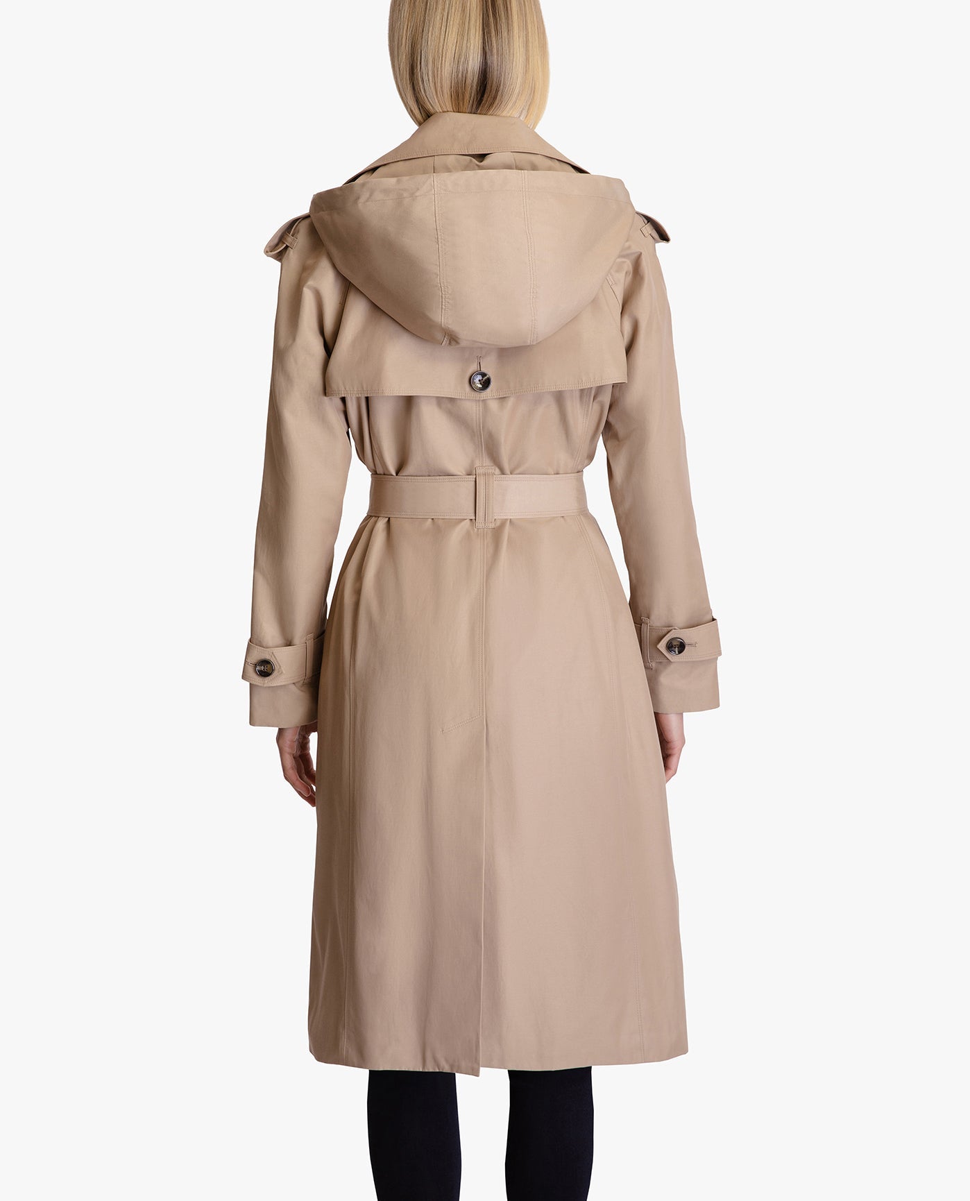 BACK OF DOUBLE BREASTED BUTTON FRONT HOODED TRENCH WITH BELT | BROWN KHAKI