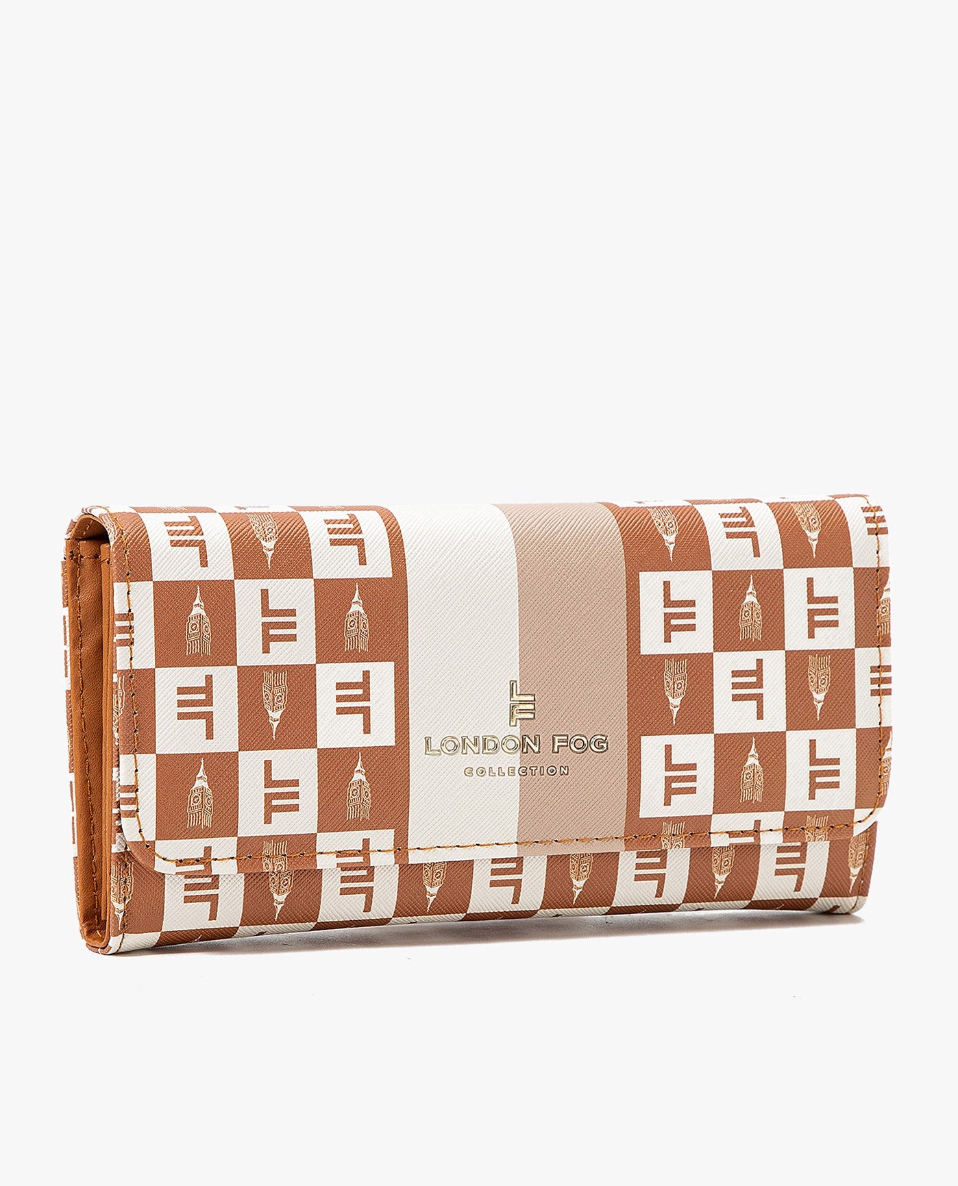 SIDE VIEW OF LARA SIGNATURE FLAP WALLET | COGNAC