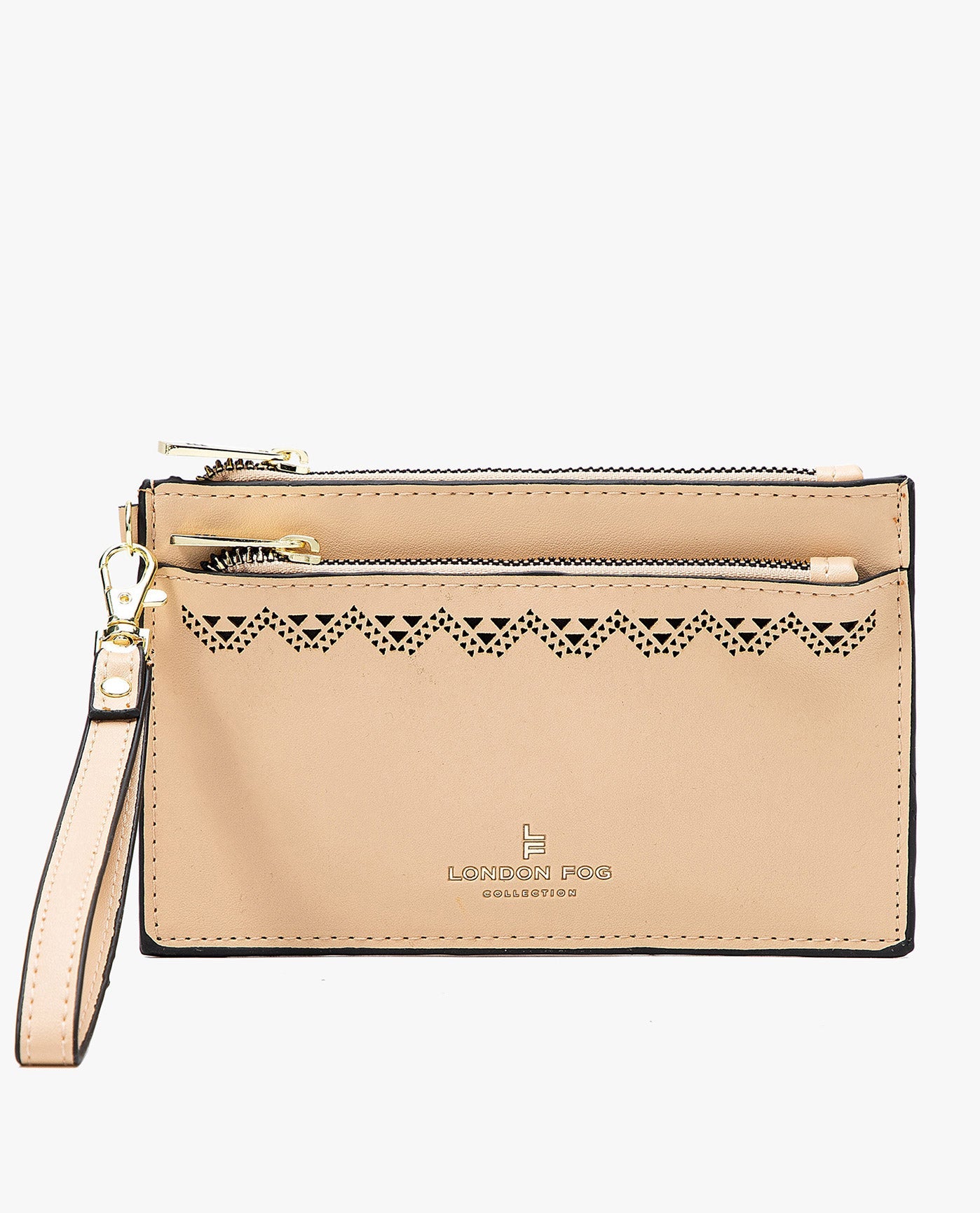 FRONT VIEW OF HANNAH LASER CUT WRISTLET DOUBLE ZIP | LATTE