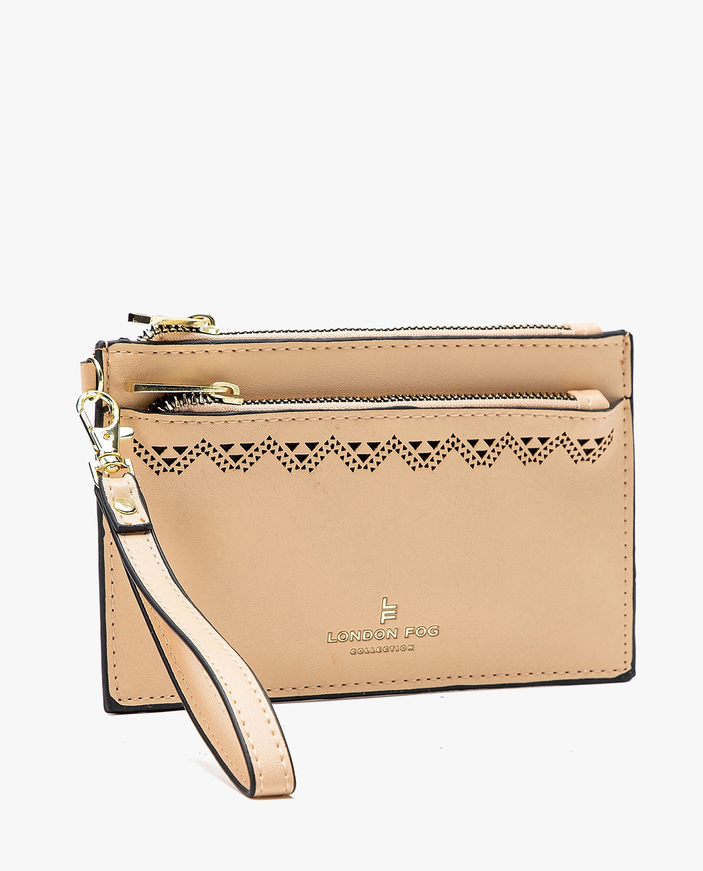 SIDE VIEW OF HANNAH LASER CUT WRISTLET DOUBLE ZIP | LATTE