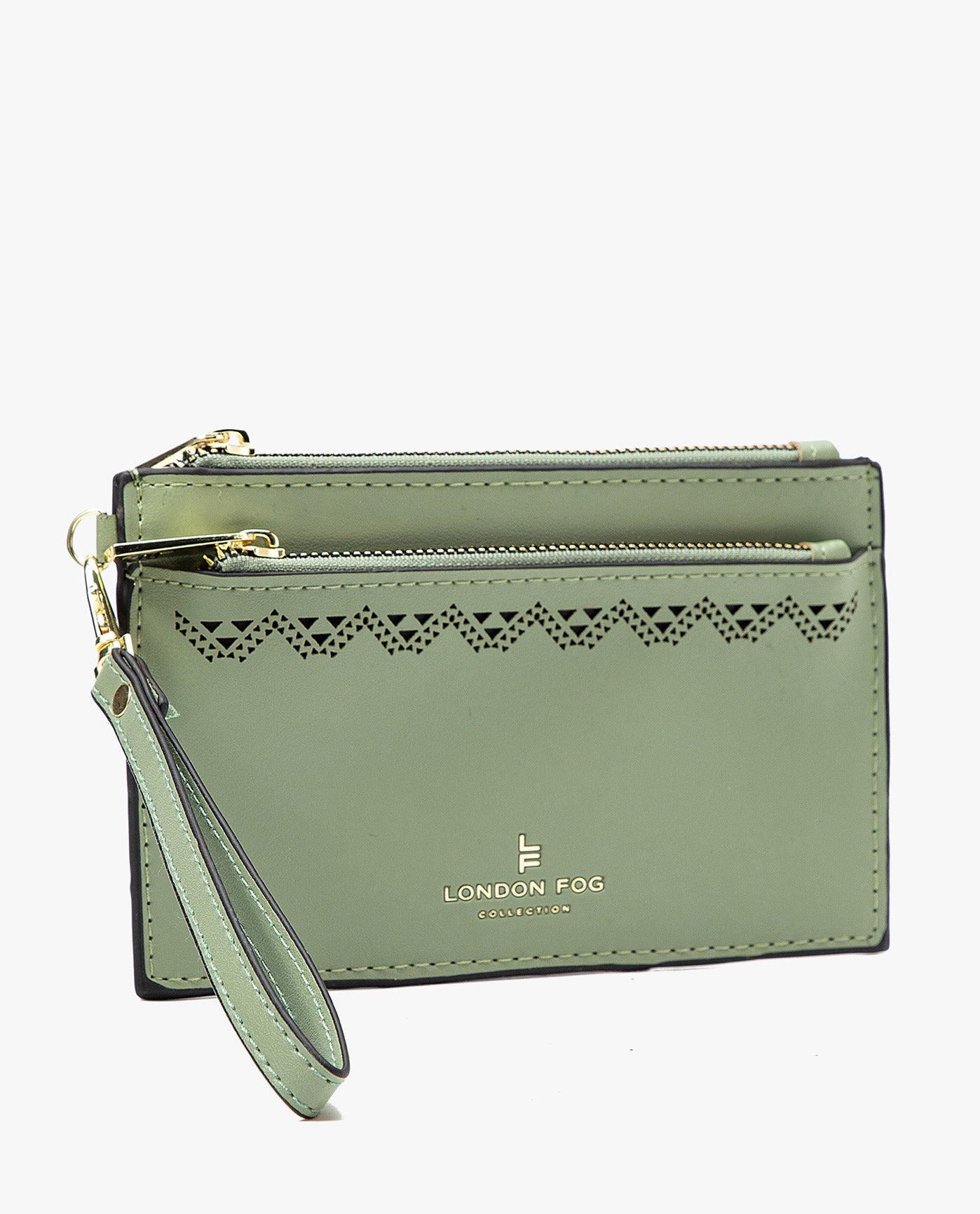 SIDE VIEW OF HANNAH LASER CUT WRISTLET DOUBLE ZIP | SAGE GREEN