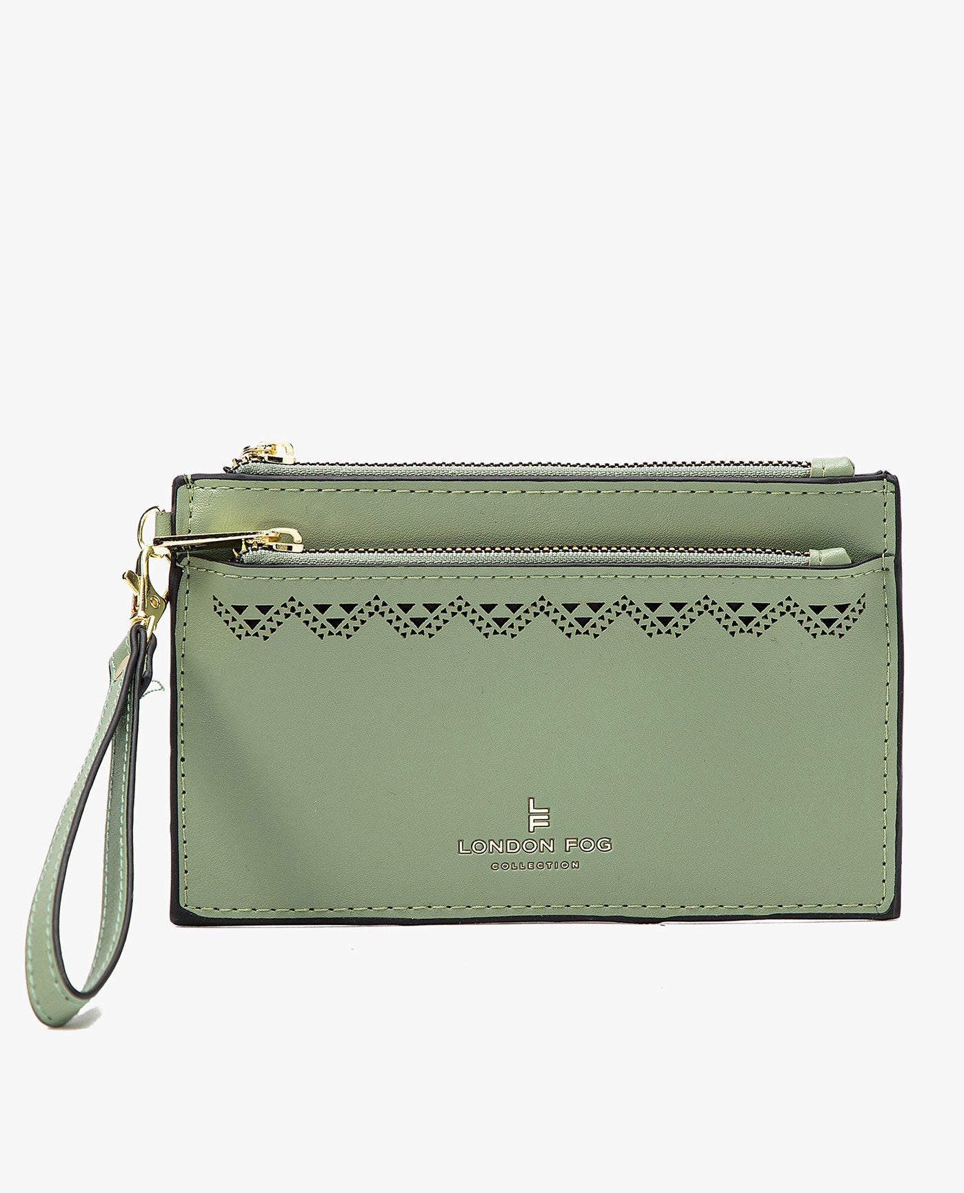 FRONT VIEW OF HANNAH LASER CUT WRISTLET DOUBLE ZIP | SAGE GREEN