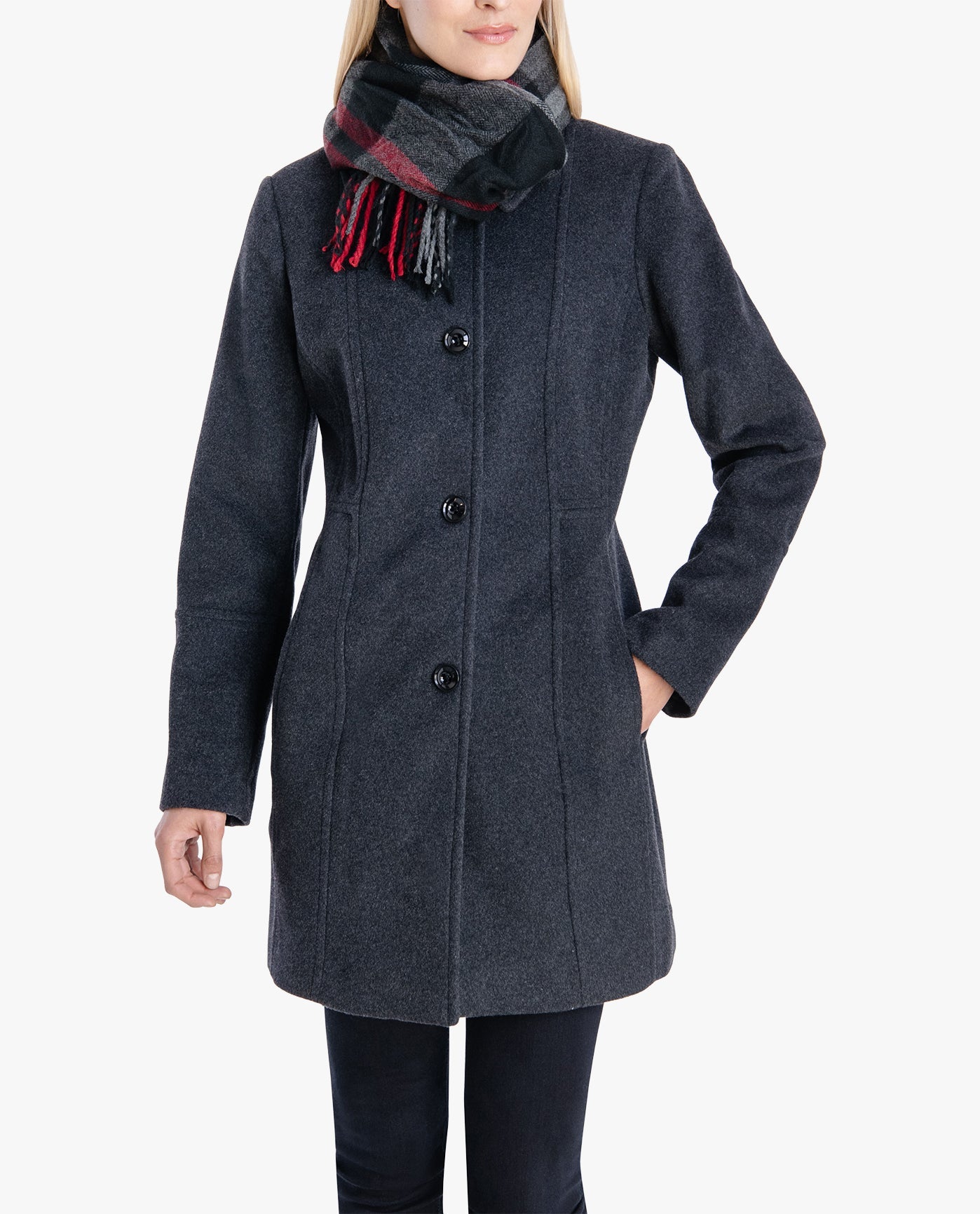 FRONT OF SINGLE BREASTED PEACOAT WITH SCARF | CHARCOAL