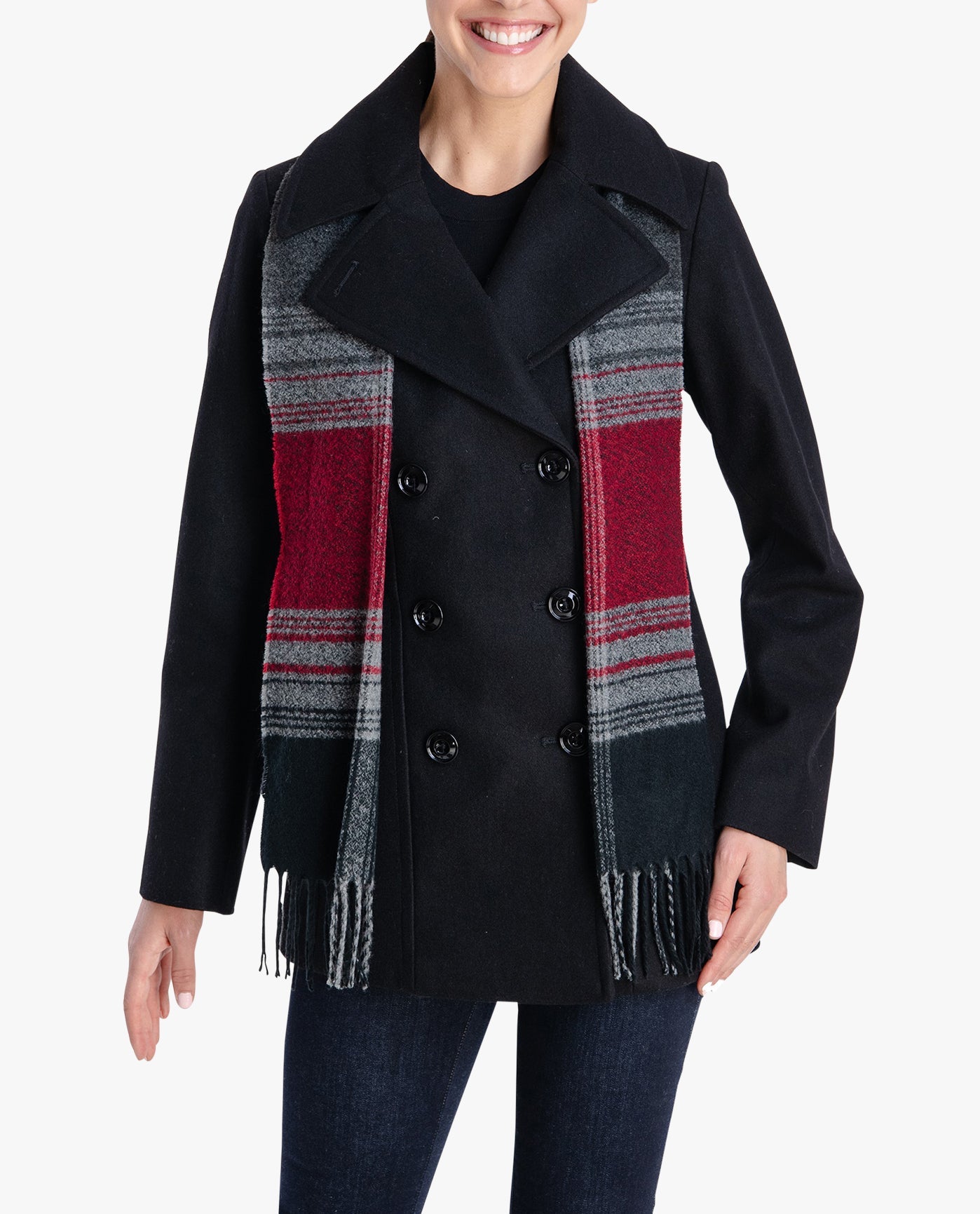 FRONT OF DOUBLE BREASTED PEACOAT WITH SCARF | BLACK