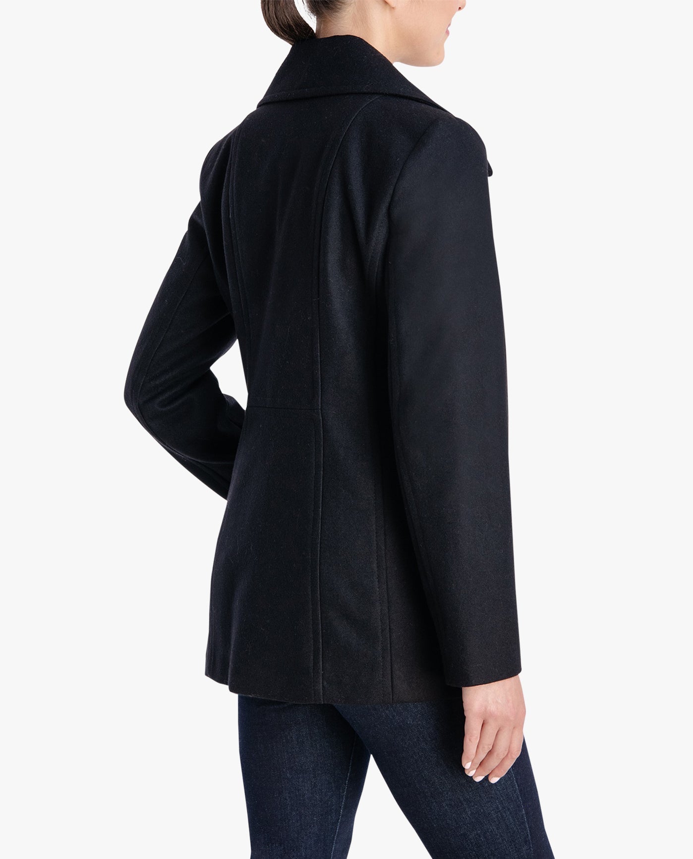 BACK OF DOUBLE BREASTED PEACOAT WITH SCARF | BLACK