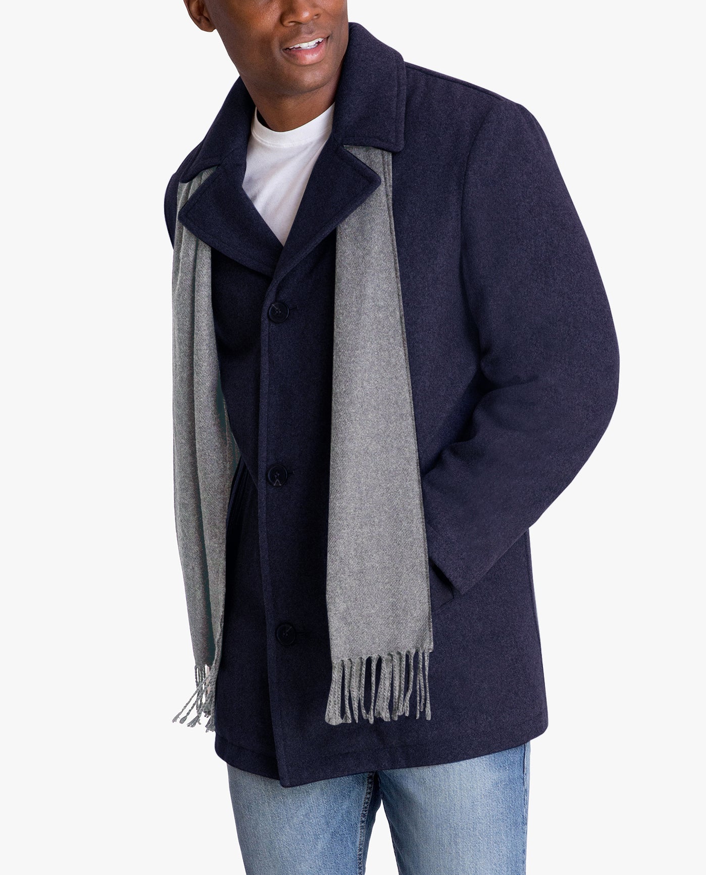 SIDE VIEW OF AMITY SINGLE BREASTED WOOL JACKET | NAVY HEATHER