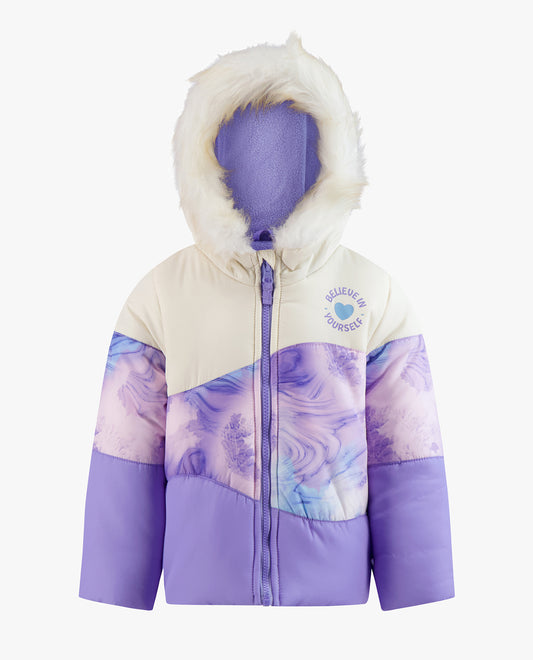 CLOSED IMAGE OF BABY GIRLS ZIP-FRONT COLOR BLOCK JACKET AND OVERALL SNOW PANT | AMX PRINT