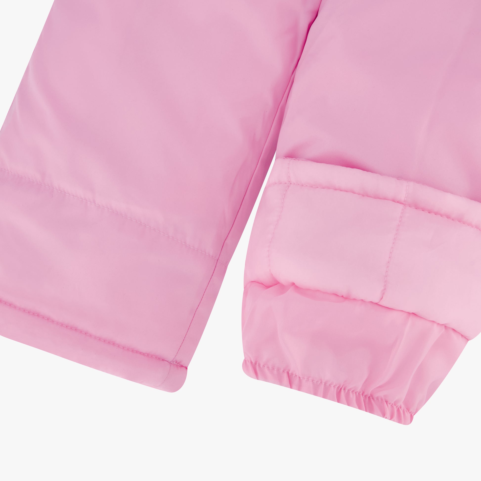 DETAIL ZOOM VIEW OF GIRLS ZIP-FRONT COLOR BLOCK JACKET AND OVERALL SNOW PANT | PINK