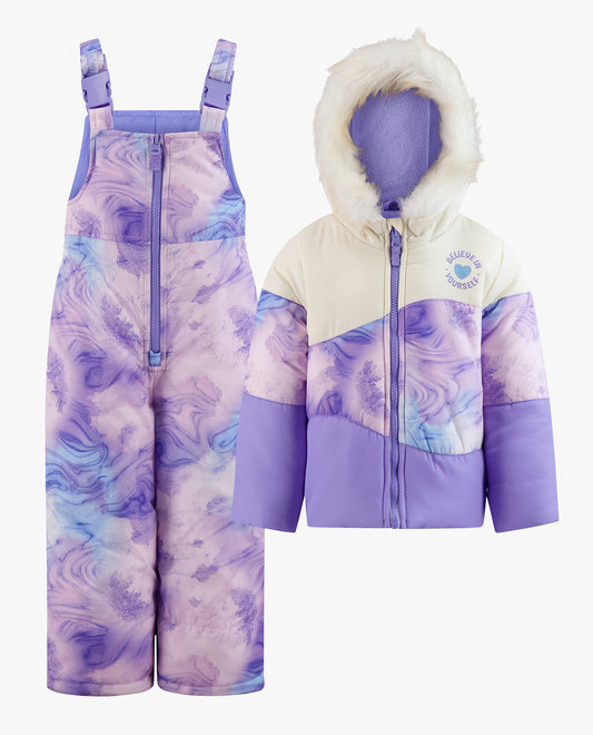 MAIN VIEW OF GIRLS ZIP-FRONT COLOR BLOCK JACKET AND OVERALL SNOW PANT | AMX PRINT