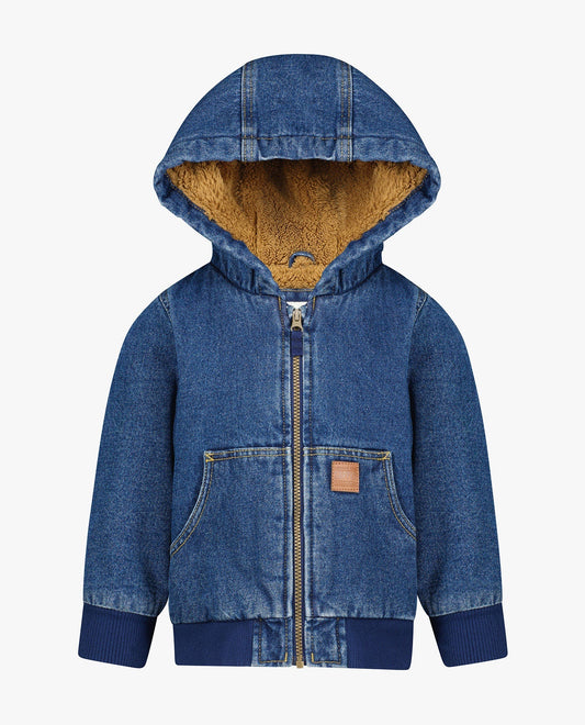 Front View Of TODDLER BOYS ZIP-FRONT HOODED BOMBER | DARK DENIM