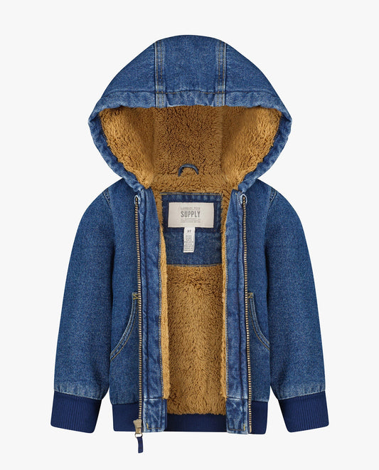 Detail View Of TODDLER BOYS ZIP-FRONT HOODED BOMBER | DARK DENIM