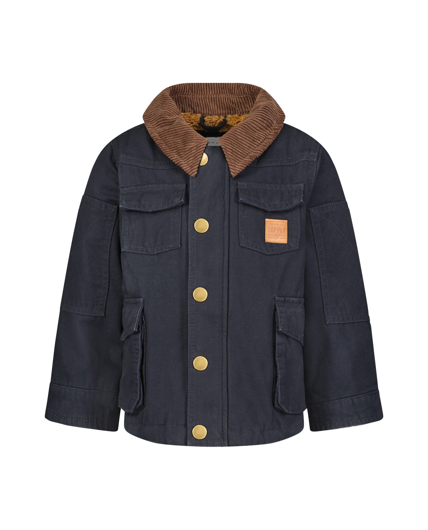 FRONT VIEW OF BOYS BUTTON-FRONT COLLARED UTILITY BARN COAT | BLACK