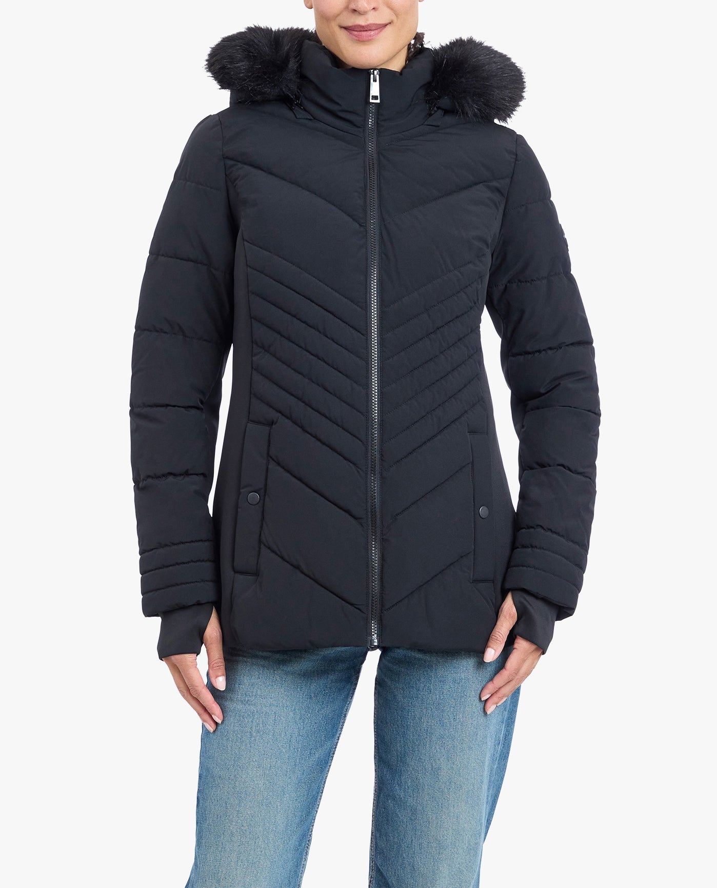 FRONT OF ZIP-FRONT PUFFER JACKET WITH REMOVABLE FAUX FUR TRIMMED HOOD | BLACK