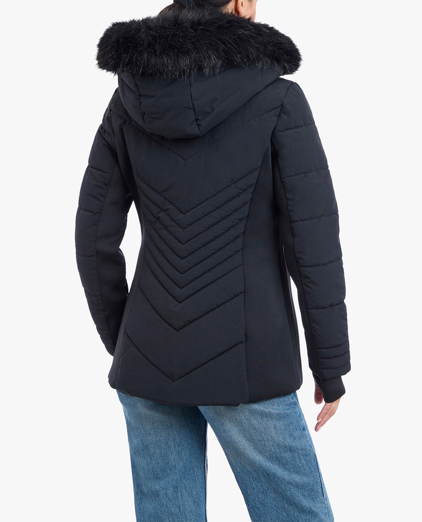 BACK OF ZIP-FRONT PUFFER JACKET WITH REMOVABLE FAUX FUR TRIMMED HOOD | BLACK