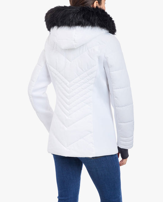 BACK OF ZIP-FRONT PUFFER JACKET WITH REMOVABLE FAUX FUR TRIMMED HOOD | White