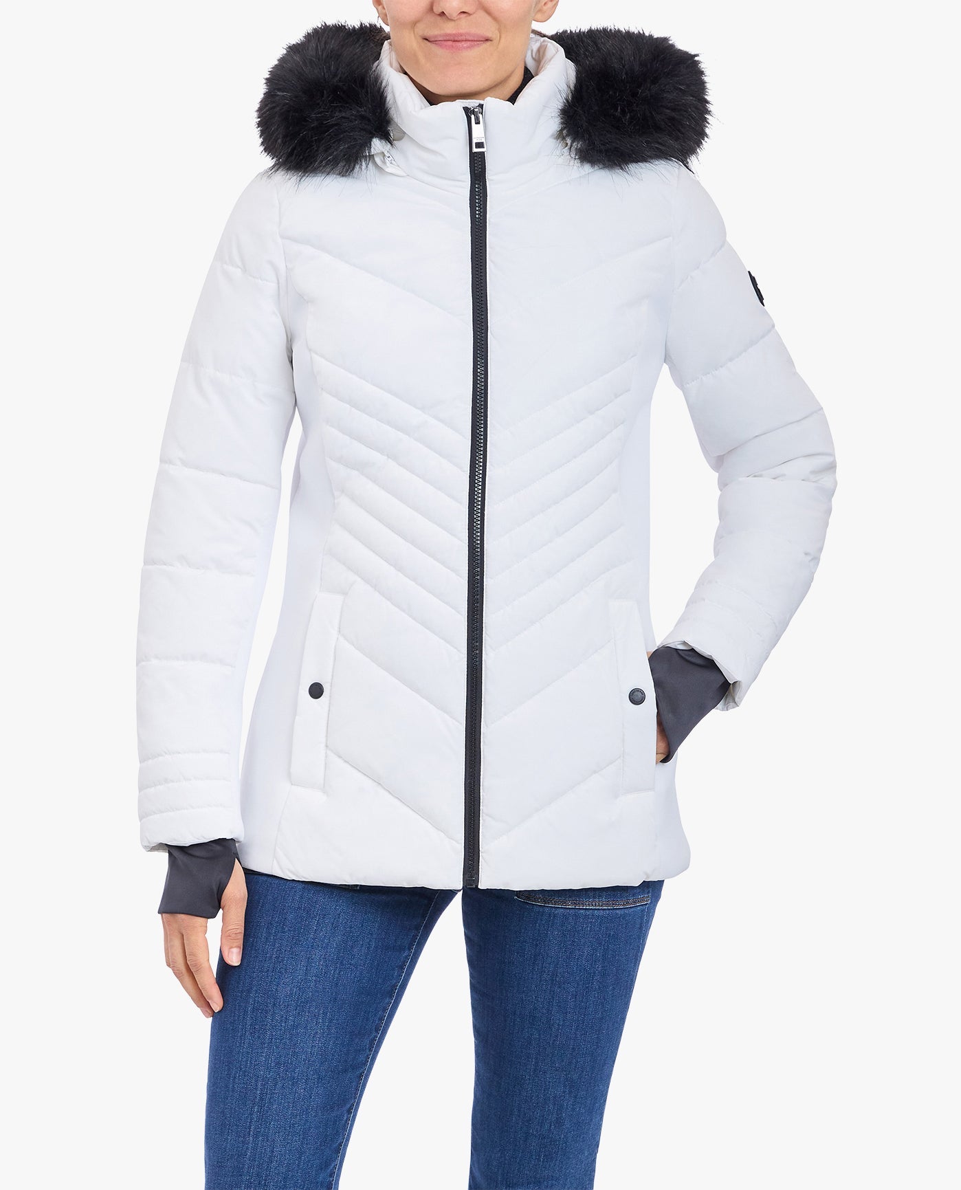 FRONT OF ZIP-FRONT PUFFER JACKET WITH REMOVABLE FAUX FUR TRIMMED HOOD ZIPPED | White