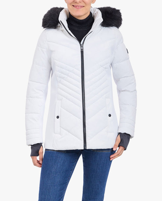 FRONT OF ZIP-FRONT PUFFER JACKET WITH REMOVABLE FAUX FUR TRIMMED HOOD | White