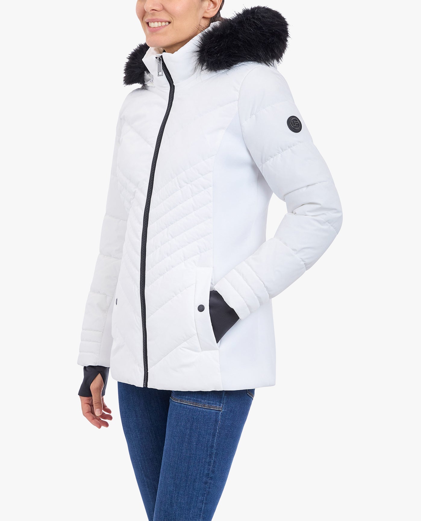 SIDE OF ZIP-FRONT PUFFER JACKET WITH REMOVABLE FAUX FUR TRIMMED HOOD | White