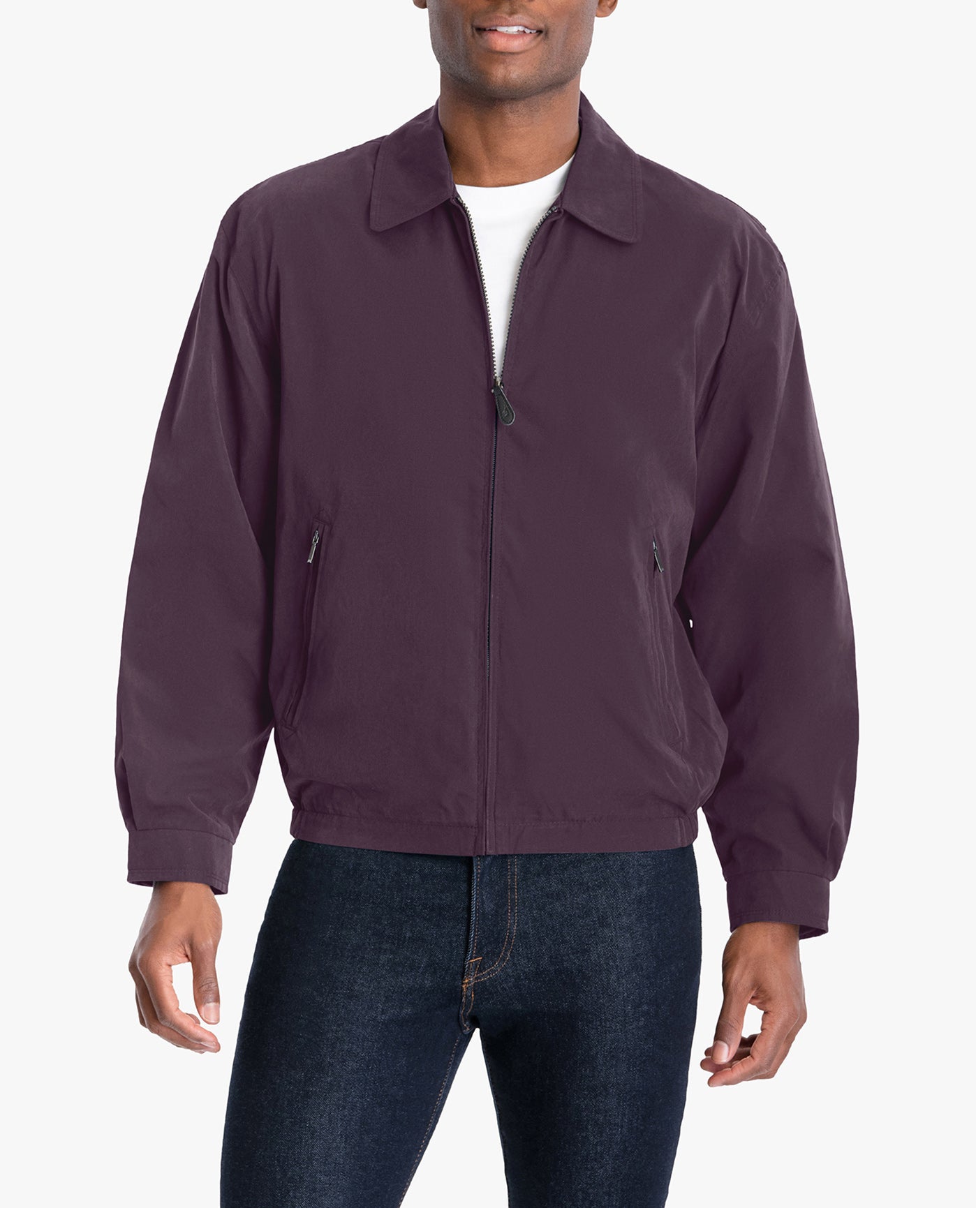 FRONT VIEW OF LIGHT WEIGHT ZIP FRONT GOLF JACKET | MAROON