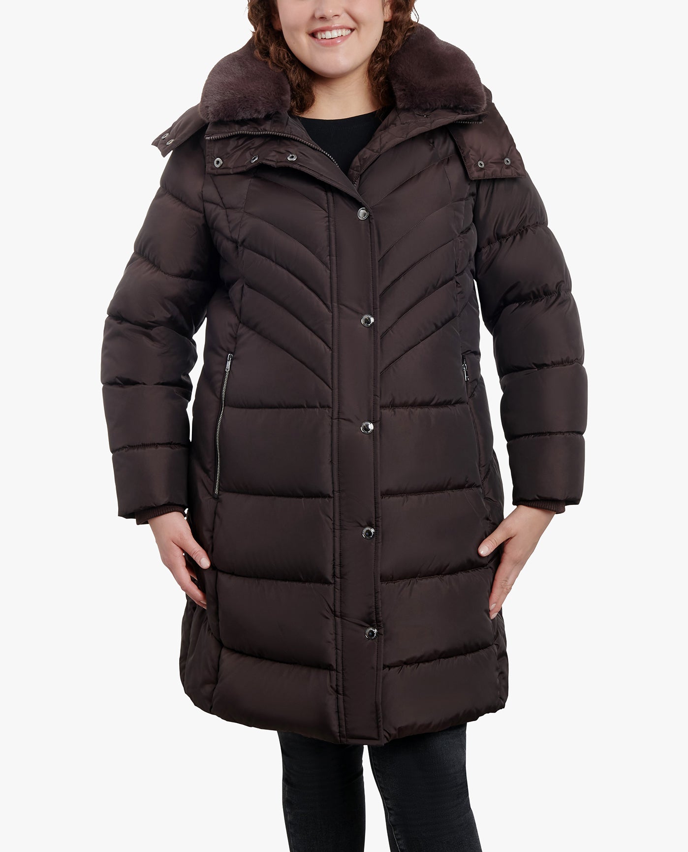 FRONT VIEW OF PLUS SIZE ZIP-FRONT HOODED HEAVY WEIGHT PUFFER JACKET WITH BUTTON-OFF FUR COLLAR | ESPRESSO