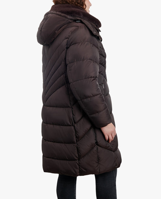 SIDE VIEW OF PLUS SIZE ZIP-FRONT HOODED HEAVY WEIGHT PUFFER JACKET WITH BUTTON-OFF FUR COLLAR | ESPRESSO