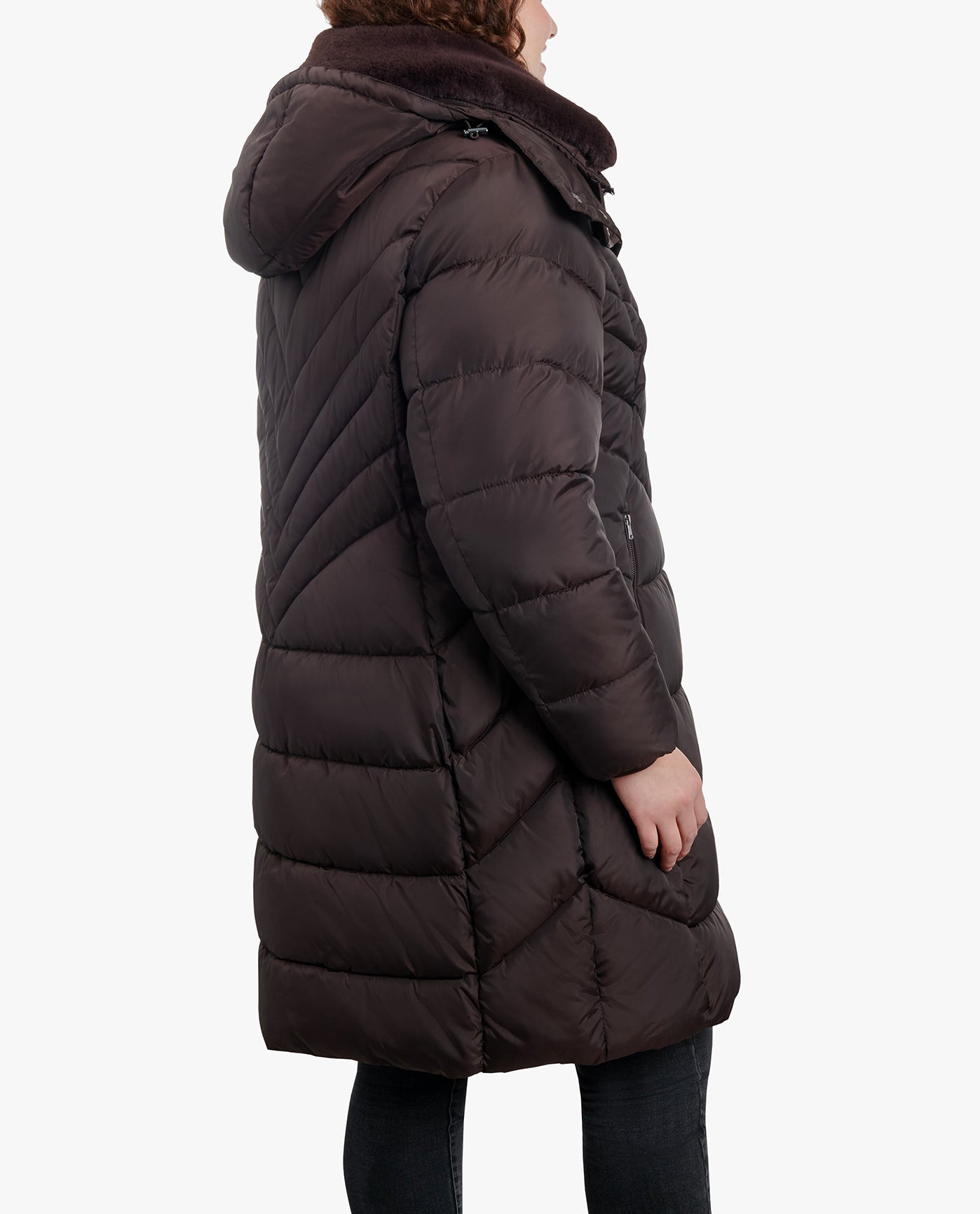 BACK OF PLUS SIZE ZIP-FRONT HOODED HEAVY WEIGHT PUFFER JACKET WITH BUTTON-OFF FUR COLLAR | ESPRESSO