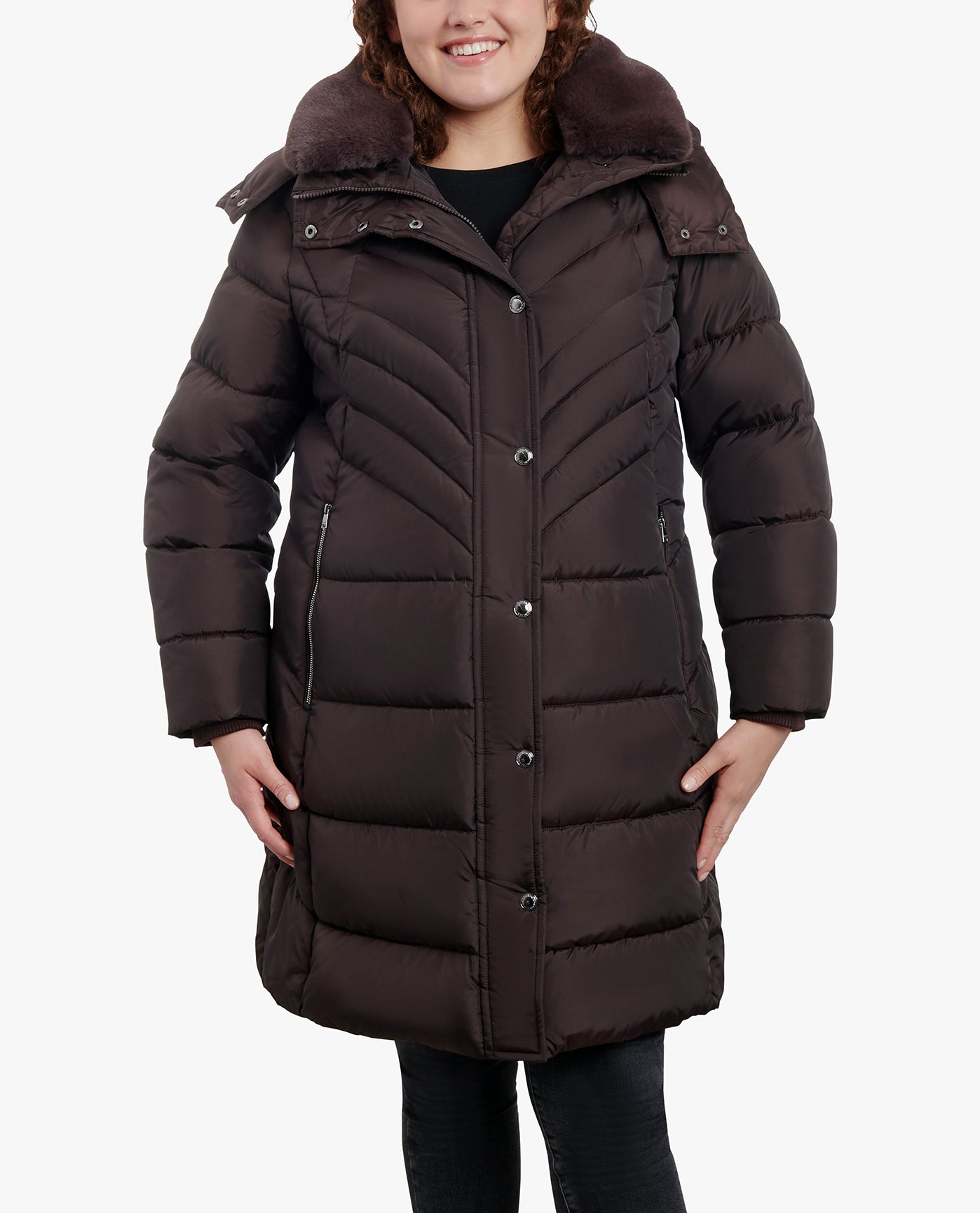 FRONT OF PLUS SIZE ZIP-FRONT HOODED HEAVY WEIGHT PUFFER JACKET WITH BUTTON-OFF FUR COLLAR | ESPRESSO