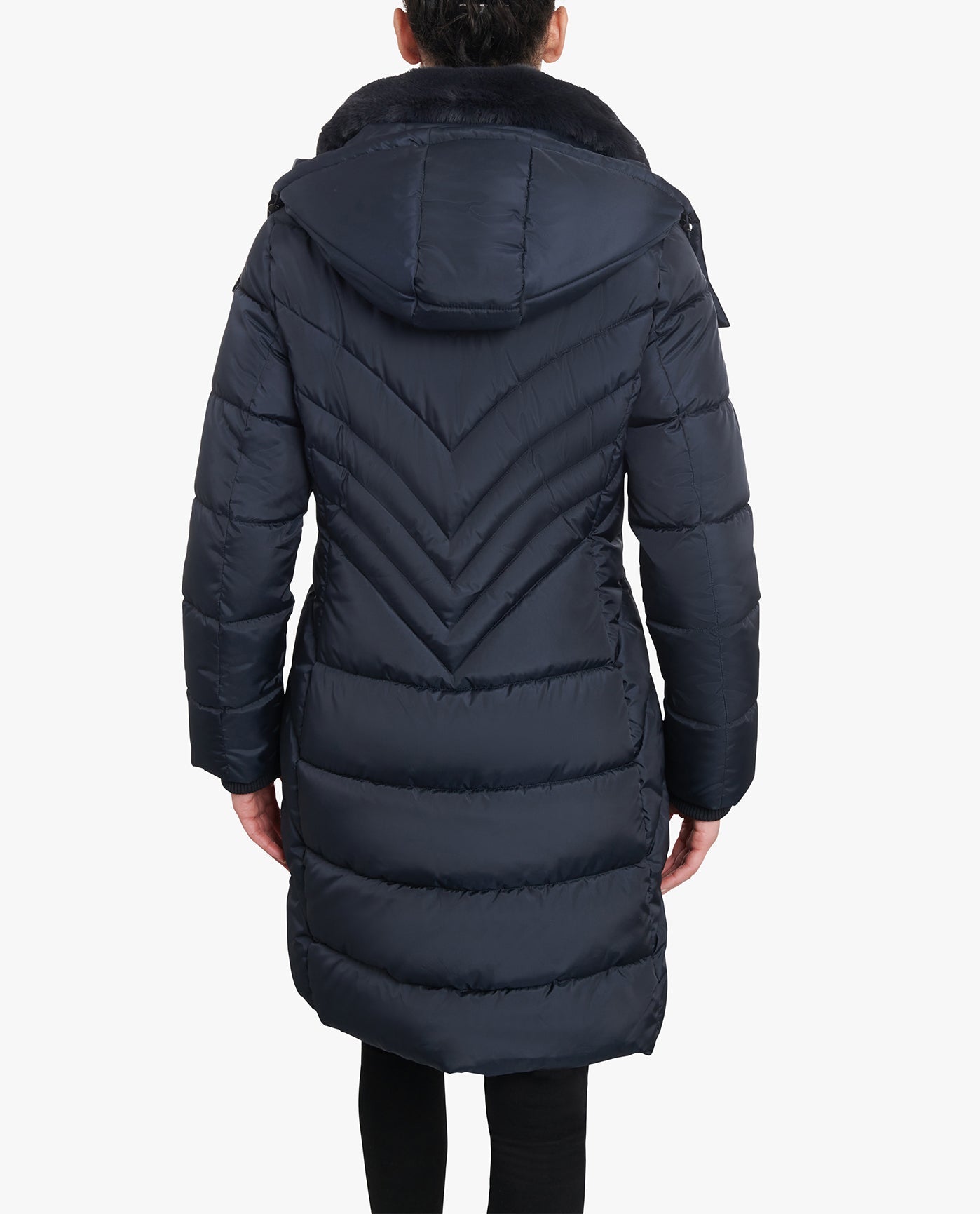 BACK OF PLUS SIZE ZIP-FRONT HOODED HEAVY WEIGHT PUFFER JACKET WITH BUTTON-OFF FUR COLLAR | NAVY