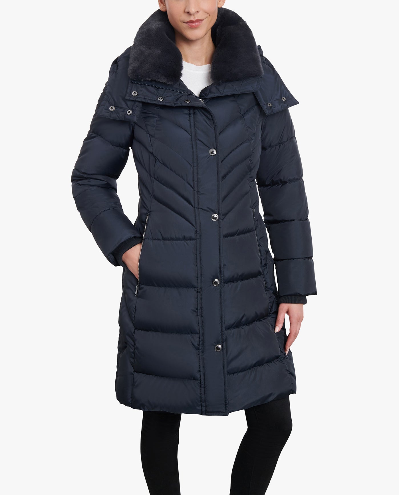 FRONT OF PLUS SIZE ZIP-FRONT HOODED HEAVY WEIGHT PUFFER JACKET WITH BUTTON-OFF FUR COLLAR | NAVY