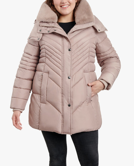 FRONT OF PLUS SIZE ZIP-FRONT HOODED PUFFER JACKET WITH BUTTON-OFF FUR COLLAR | ROSEWOOD