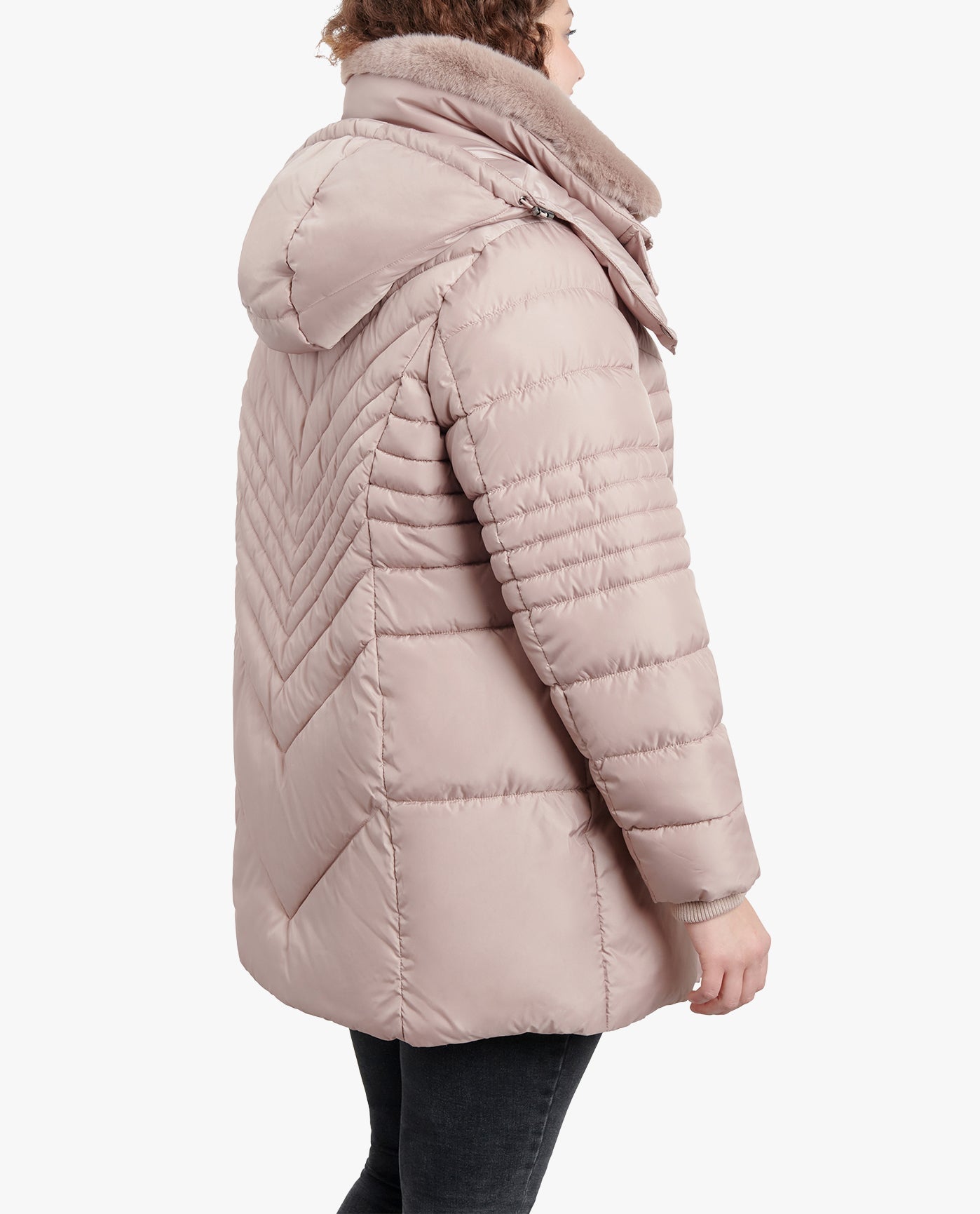 BACK OF PLUS SIZE ZIP-FRONT HOODED PUFFER JACKET WITH BUTTON-OFF FUR COLLAR | ROSEWOOD