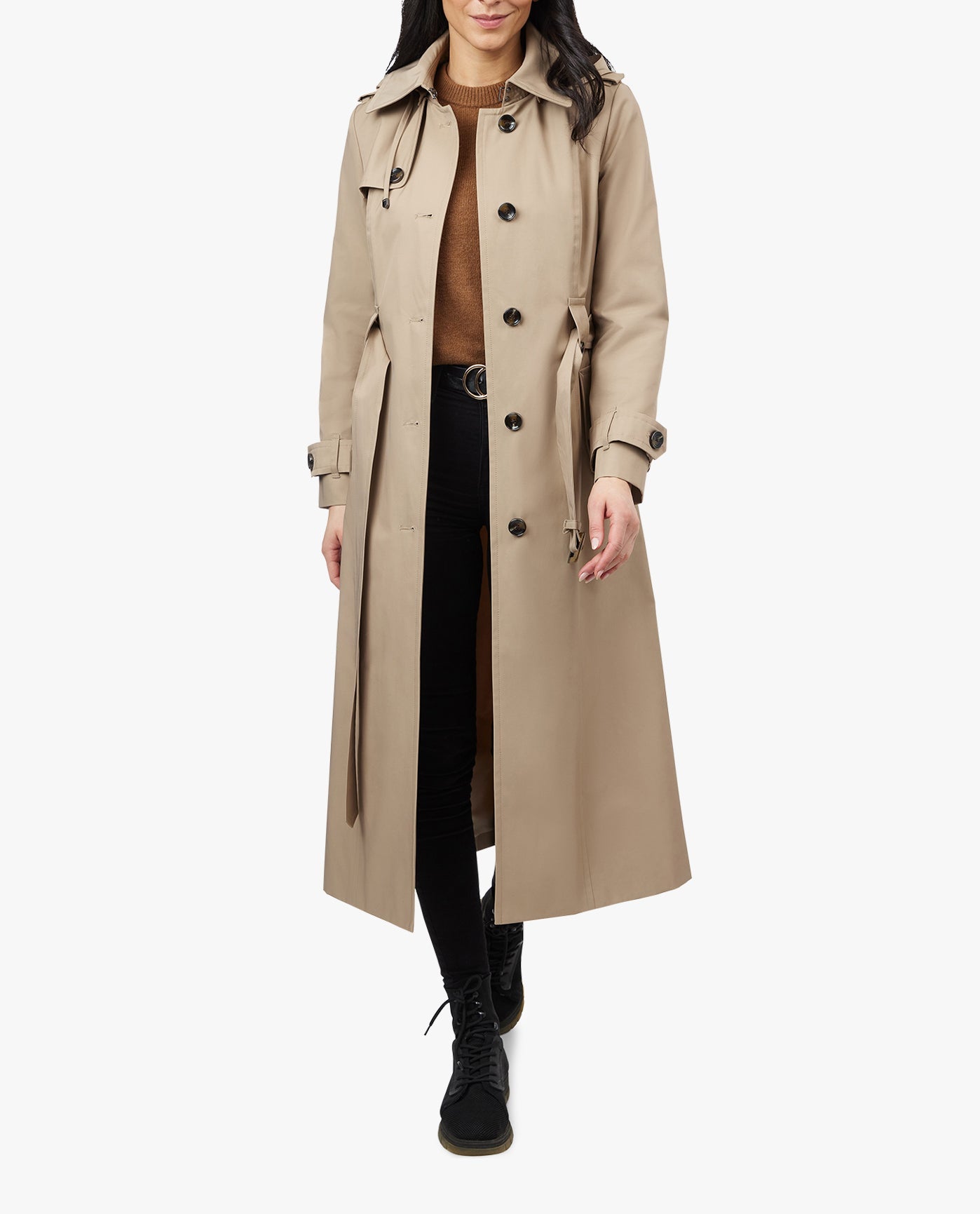 FRONT OF SINGLE BREASTED HOODED MAXI TRENCH WITH BELT OPENED | STONE