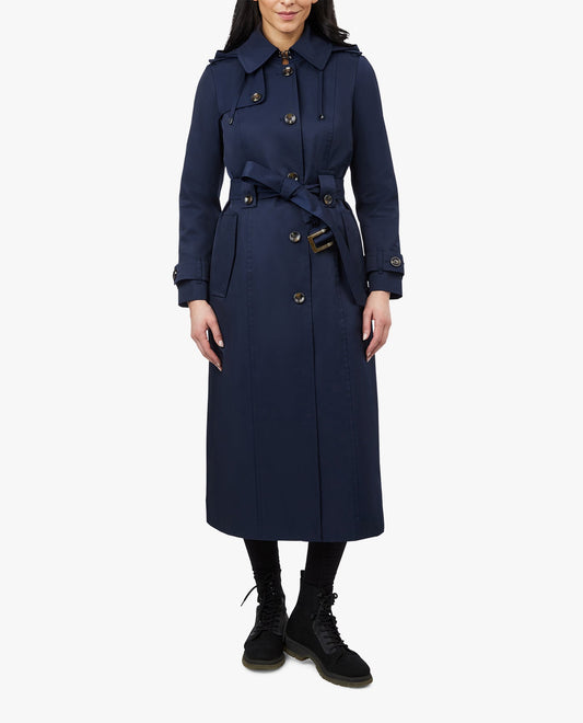 FRONT OF SINGLE BREASTED HOODED MAXI TRENCH WITH BELT | MIDNIGHT NAVY