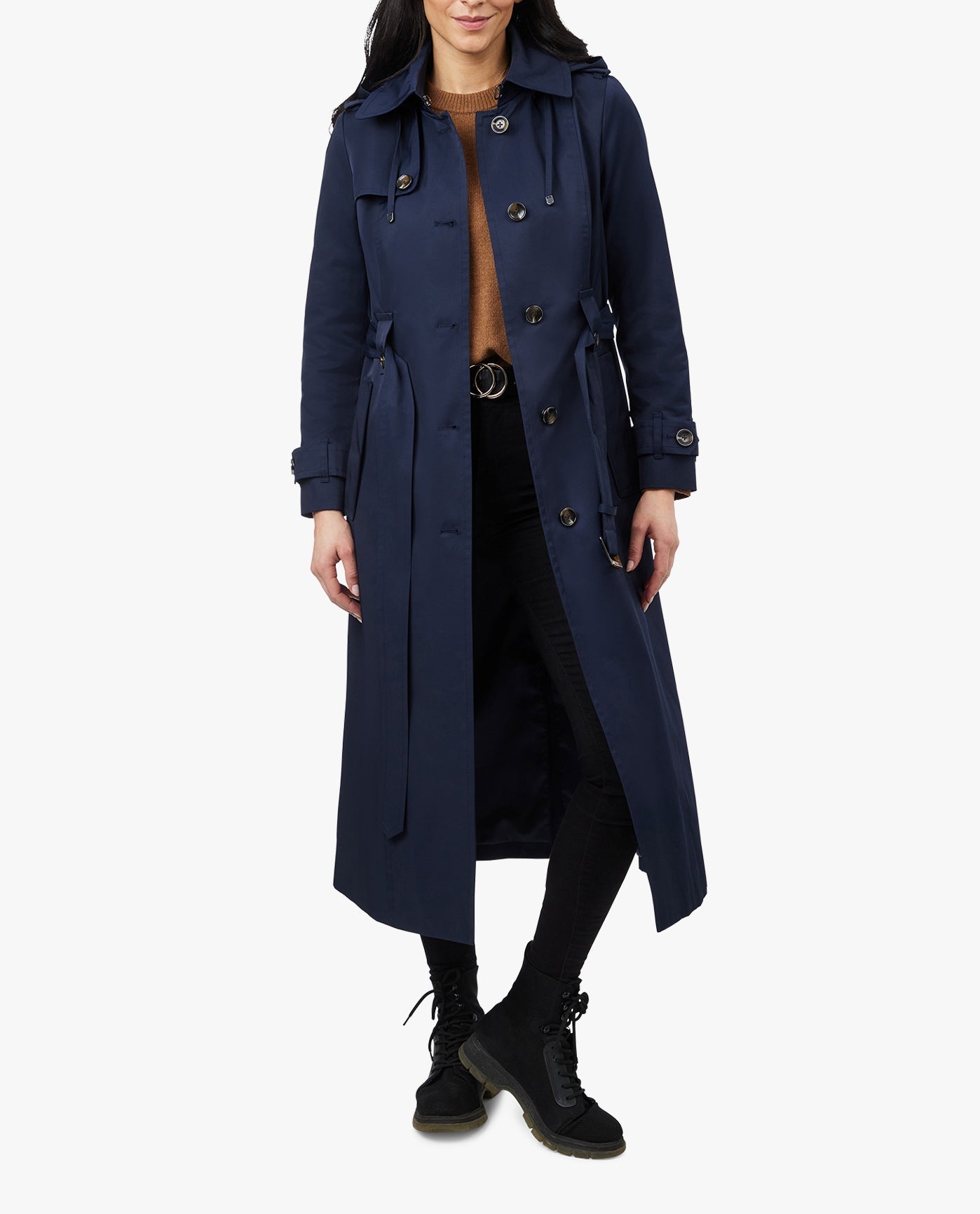 FRONT OF SINGLE BREASTED HOODED MAXI TRENCH WITH BELT OPENED | MIDNIGHT NAVY