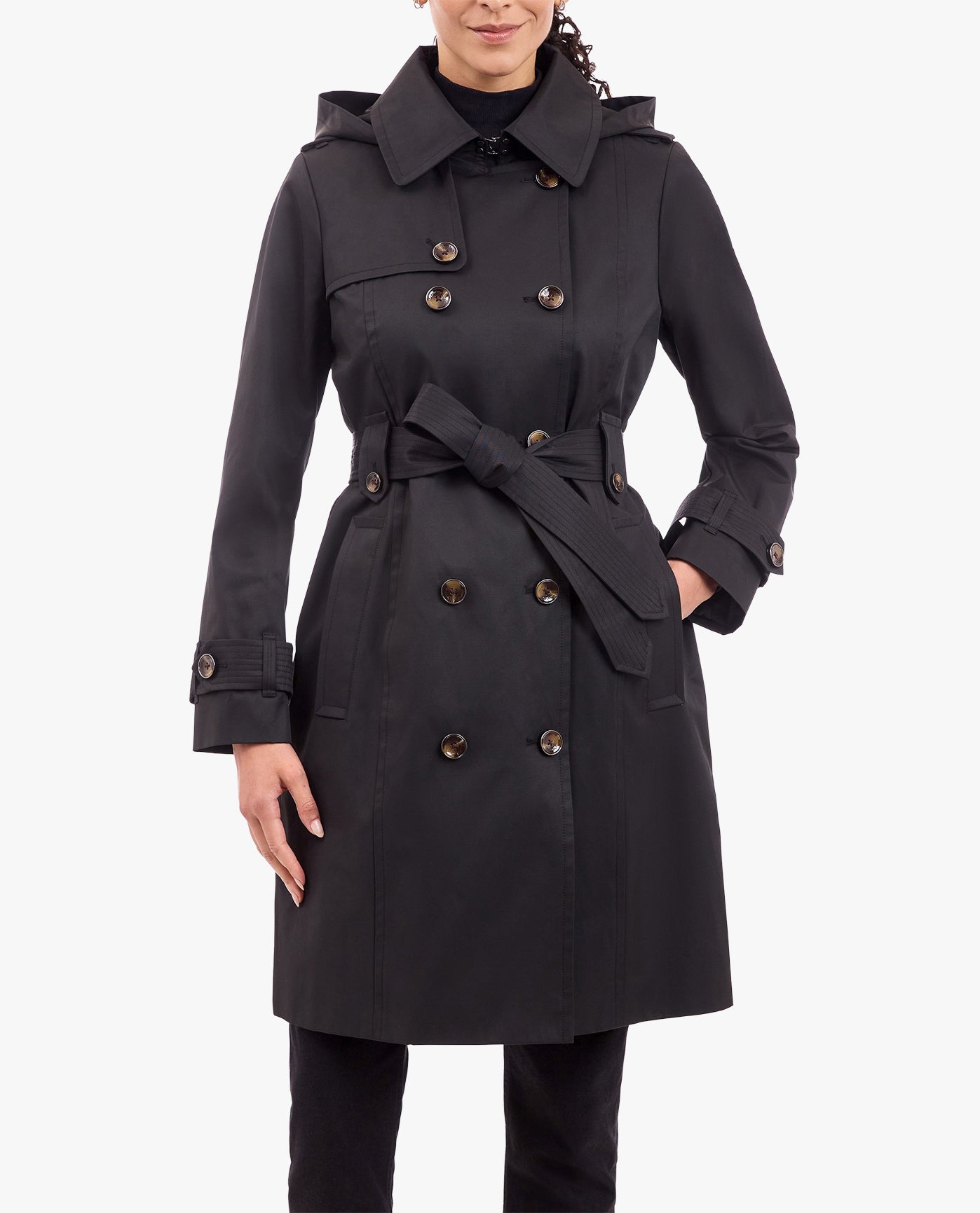 FRONT OF DOUBLE BREASTED TRENCH WITH BUTTON OFF HOOD | BLACK