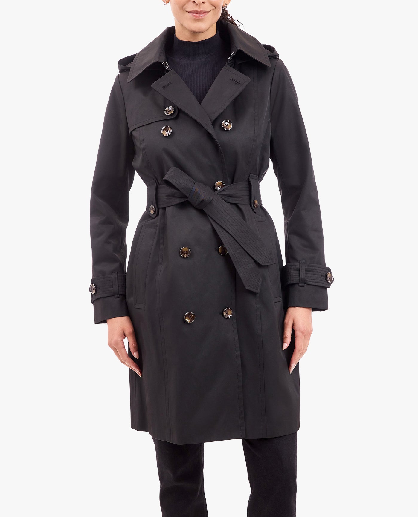 FRONT OF DOUBLE BREASTED TRENCH WITH BUTTON OFF HOOD OPENED | BLACK