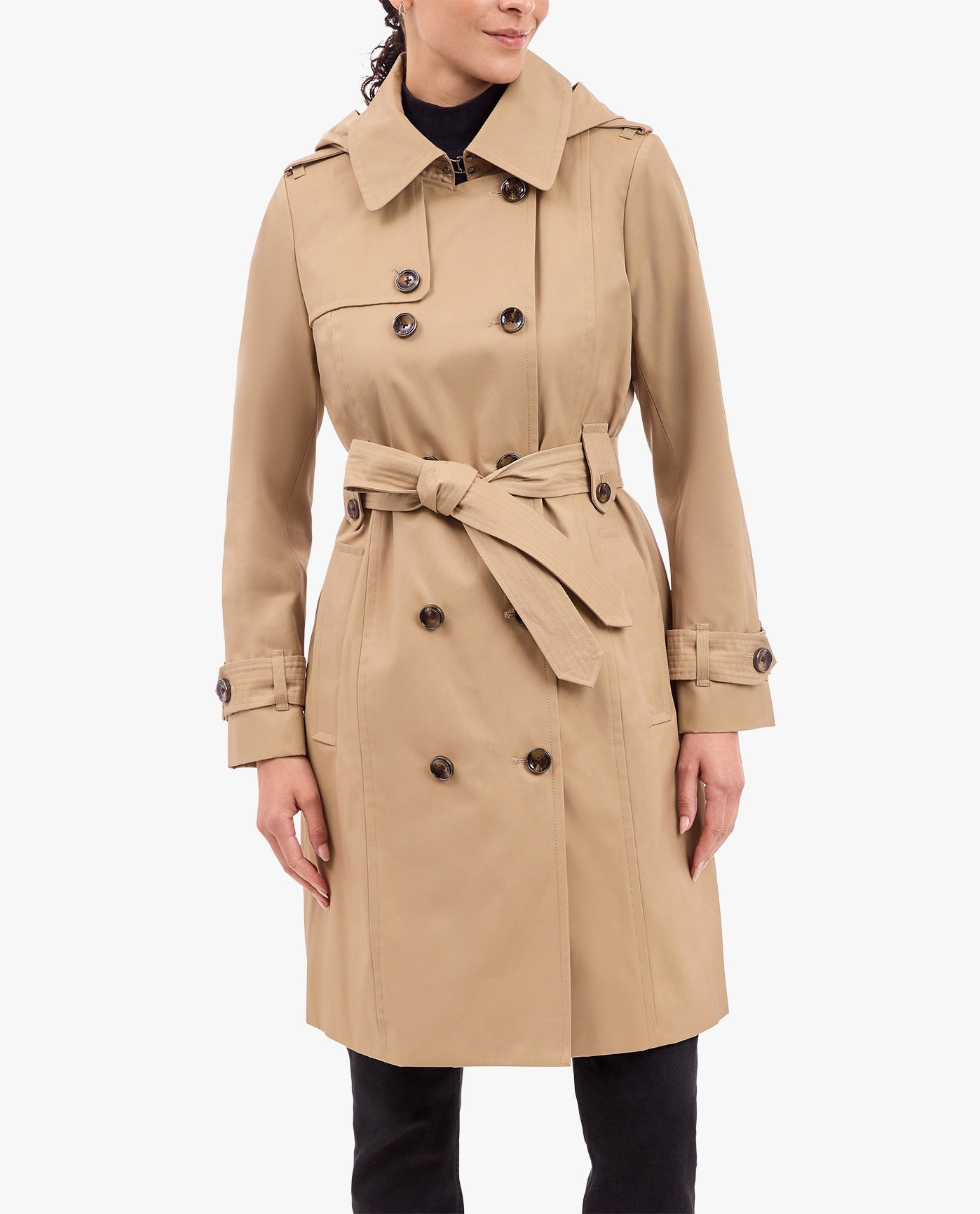 FRONT OF DOUBLE BREASTED TRENCH WITH BUTTON OFF HOOD | BRITISH KHAKI